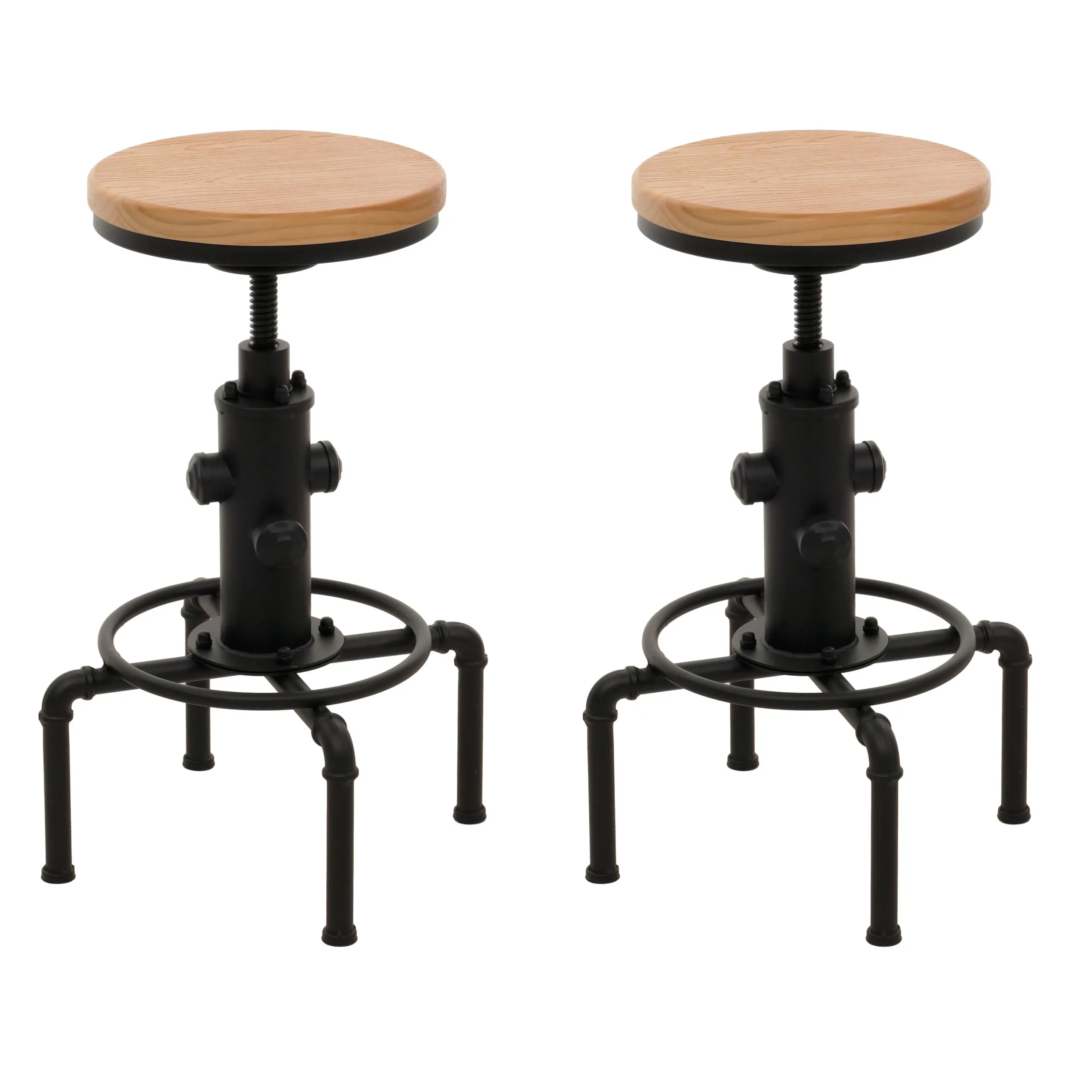 2er-Set Barhocker | Sitzhöhe 61-85cm | Natur | Barstuhl Tresenhocker höhenverstellbar drehbar Fußablage Industrial Eisen Massiv-Holz