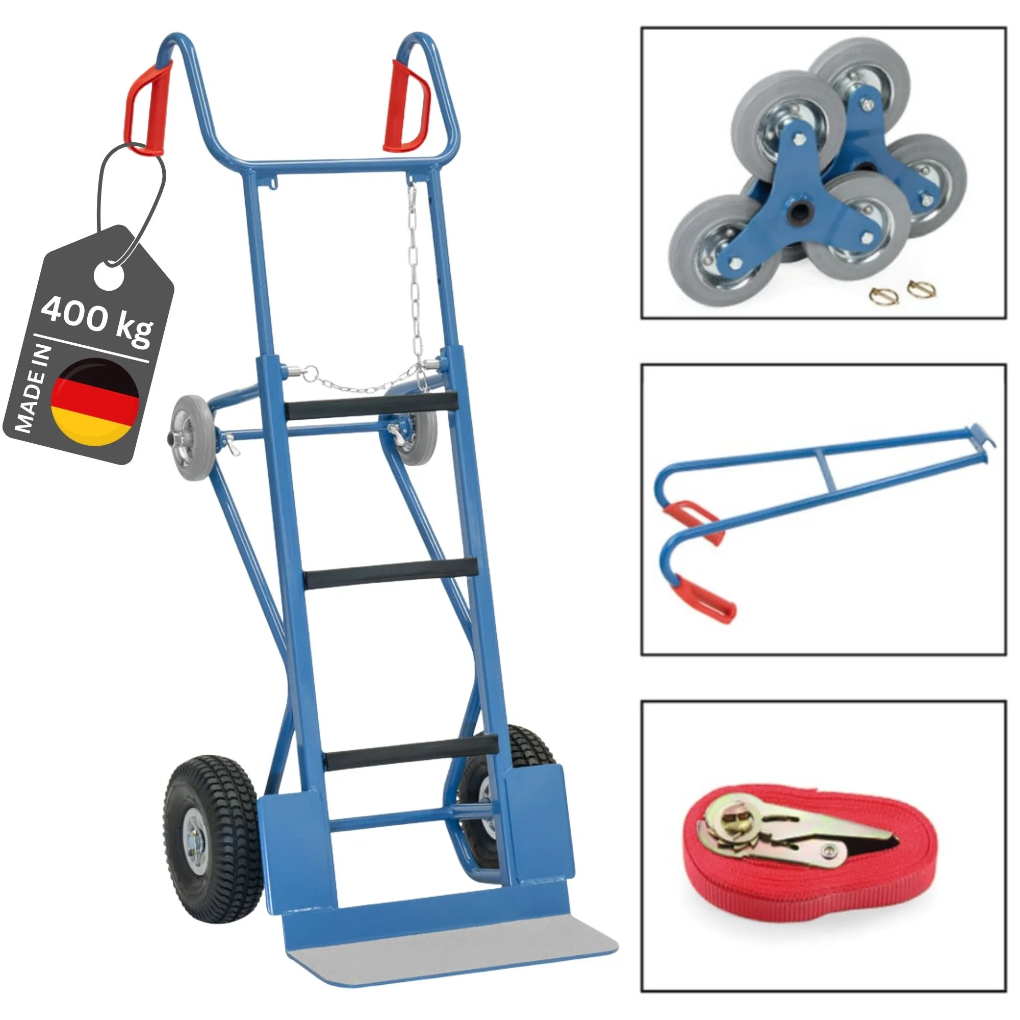 Fetra Gerätekarre/Treppenkarre für extreme Lasten mit Tragholm, SpanngurtGummiauflage & Luftbereifung sowie 3-Sterne-Vollgummibereifung | Traglast 400kg | Made in Germany | Blau