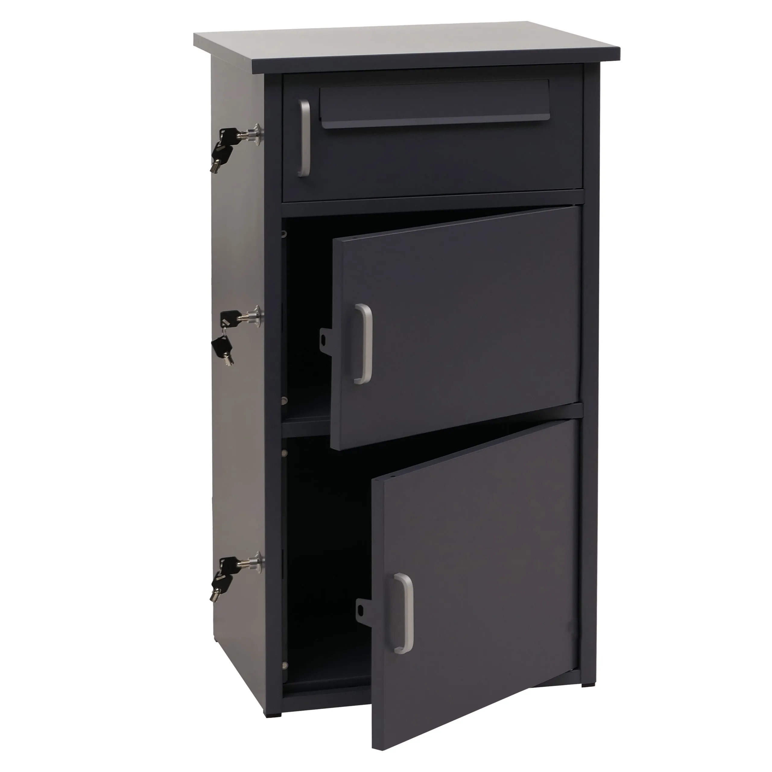 Paketkasten mit 3 Fächern | HxBxT 89x49x38cm | Stahl | Dunkelgrau| Paketbox Paketfach Paketstation Briefkasten