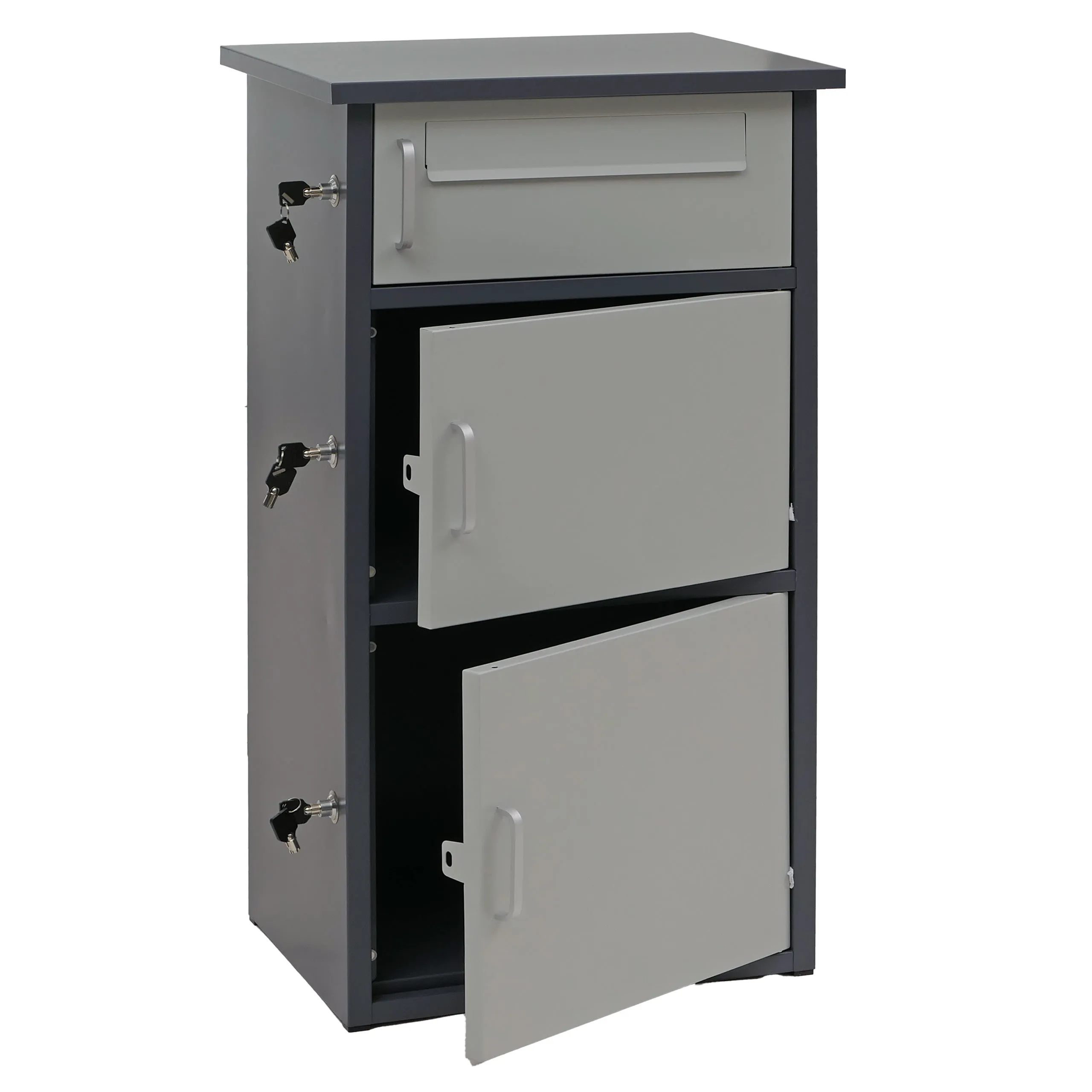 Paketkasten mit 3 Fächern | HxBxT 89x49x38cm | Stahl | Dunkelgrau/Grau| Paketbox Paketfach Paketstation Briefkasten