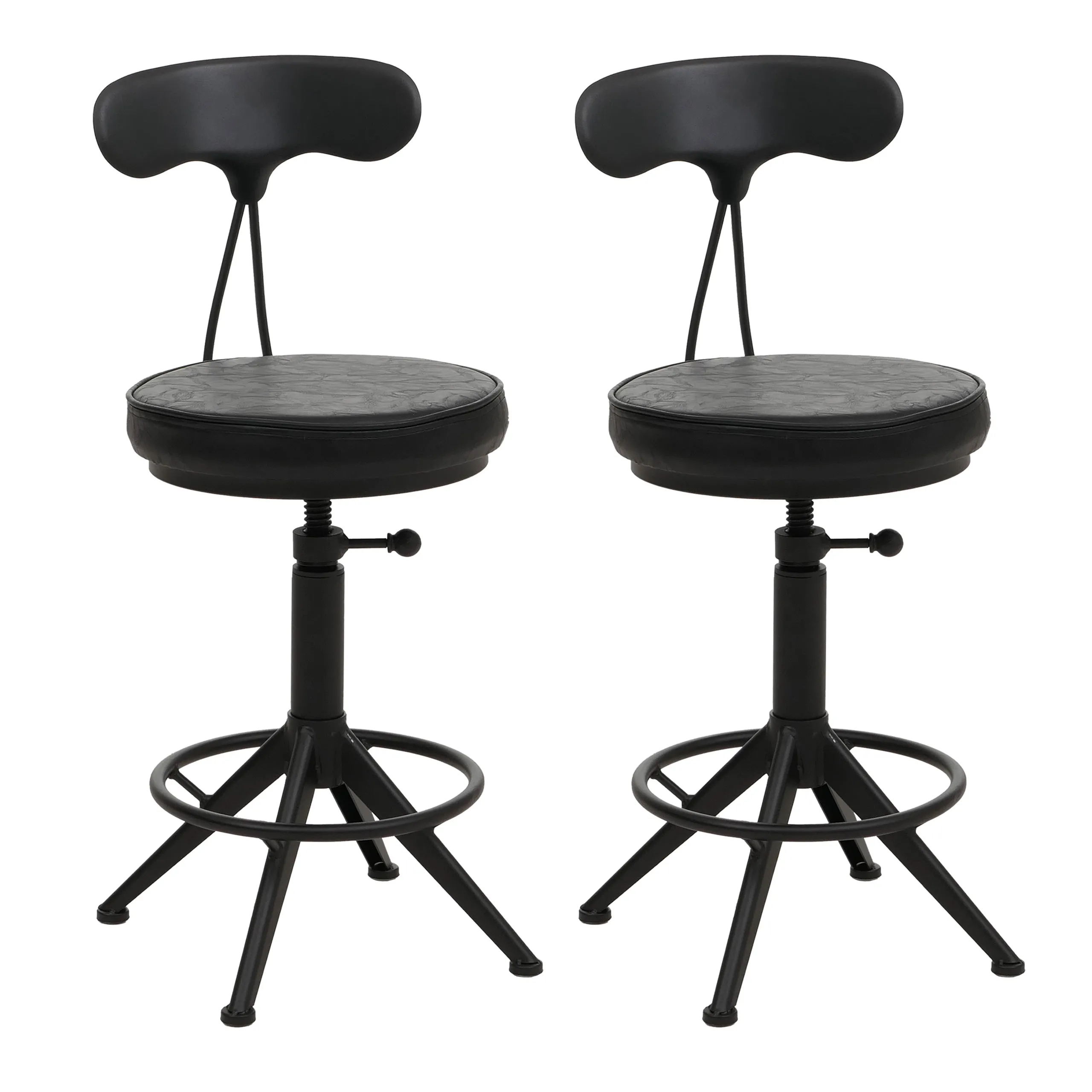 2er-Set Barhocker mit Lehne | Sitzhöhe 51-73cm | Kunstleder Metall | Schwarz | Barstuhl Drehhocker Industrial höhenverstellbar