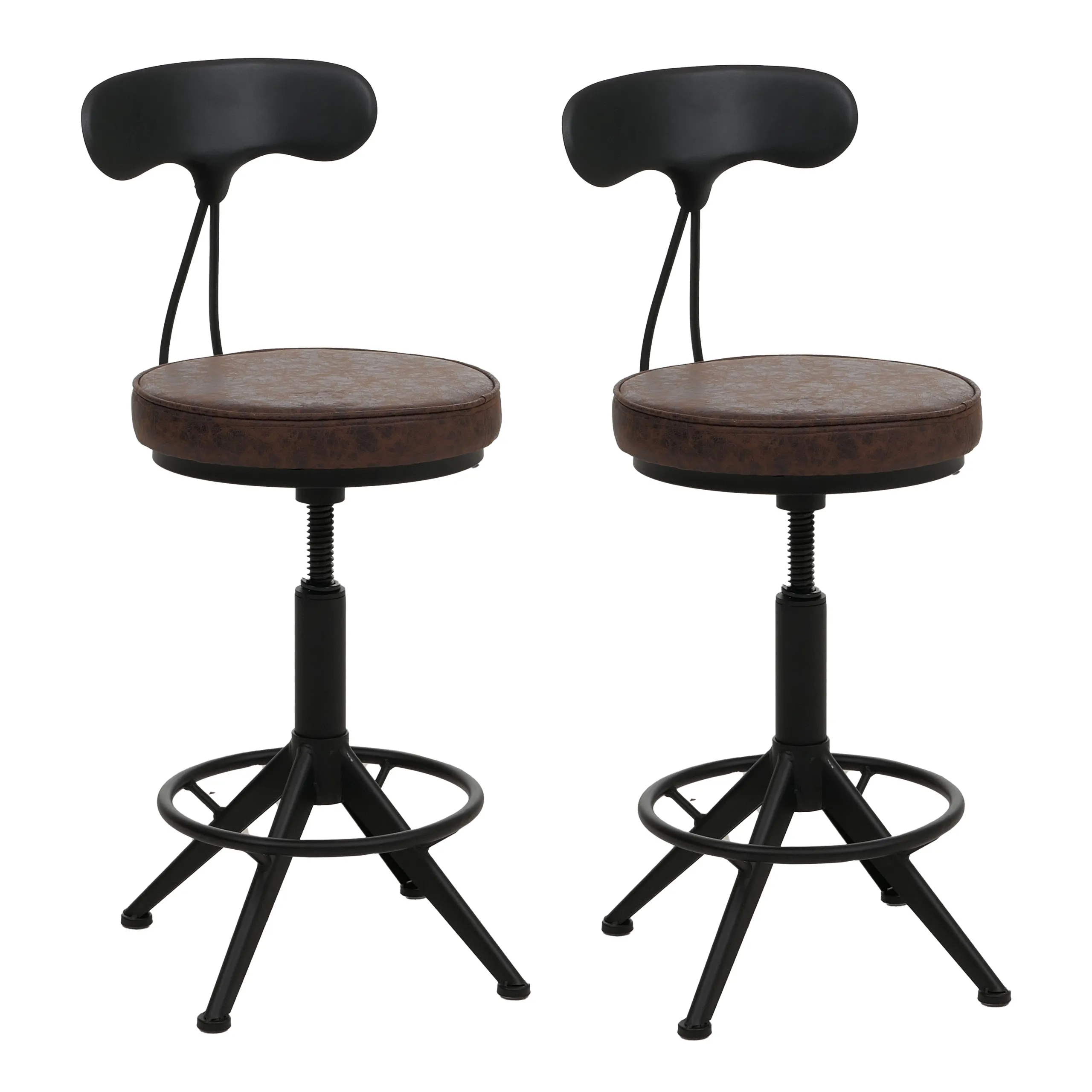 2er-Set Barhocker mit Lehne | Sitzhöhe 51-73cm | Kunstleder Metall | Braun-Schwarz | Barstuhl Drehhocker Industrial höhenverstellbar