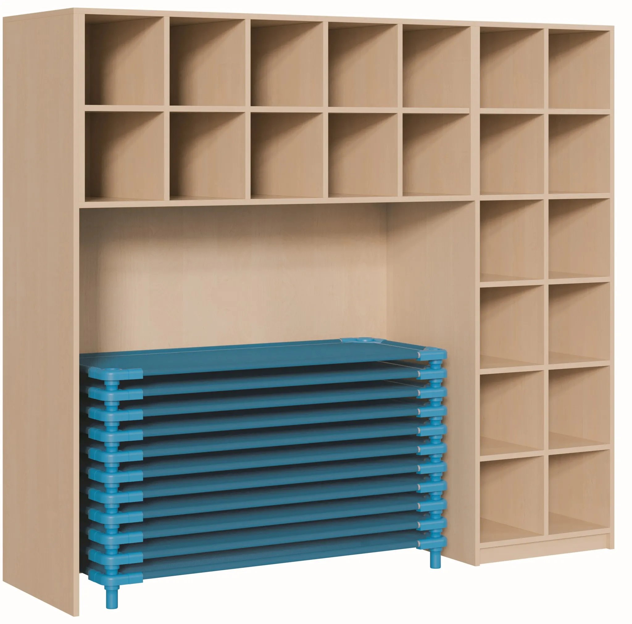 Regal für 15 Stapelliegen mit 22 Bettzeugfächern ohne Vorhang