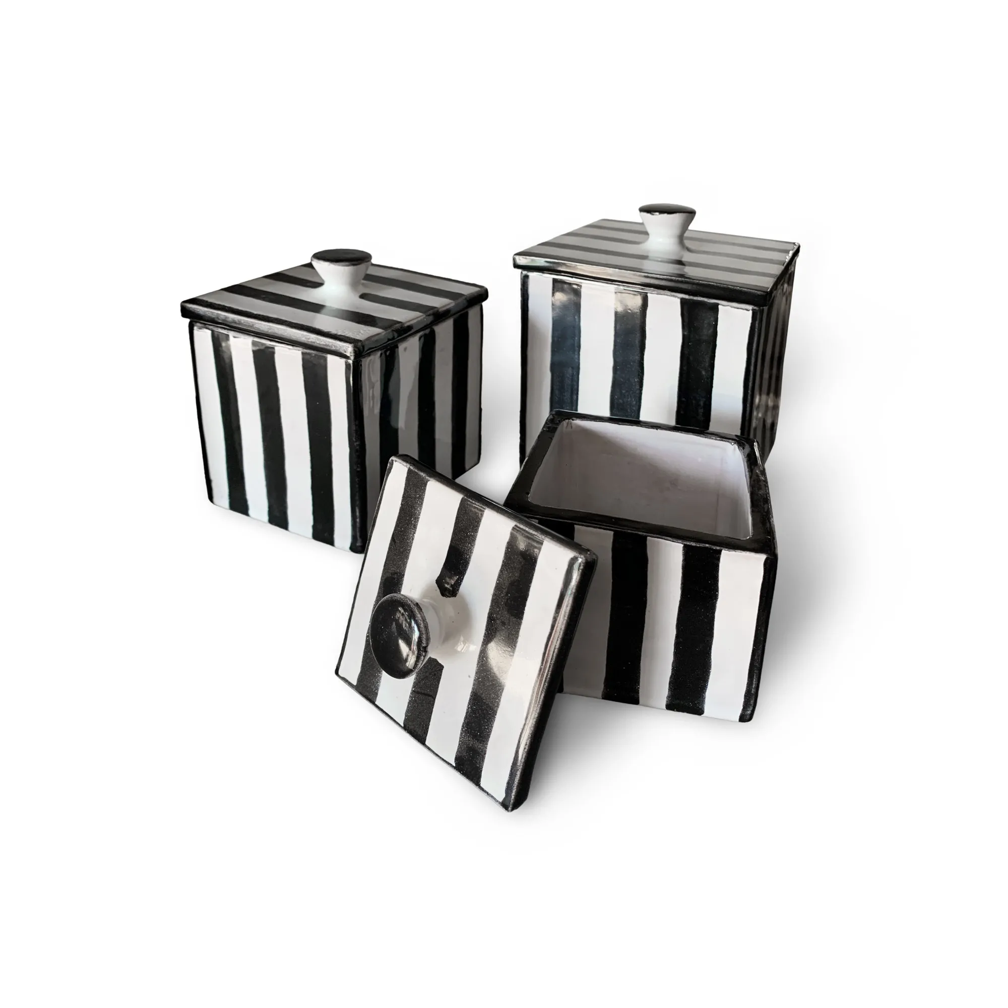 3er-Set Zierbehälter 'Strip' aus Keramik, schwarz-weiß