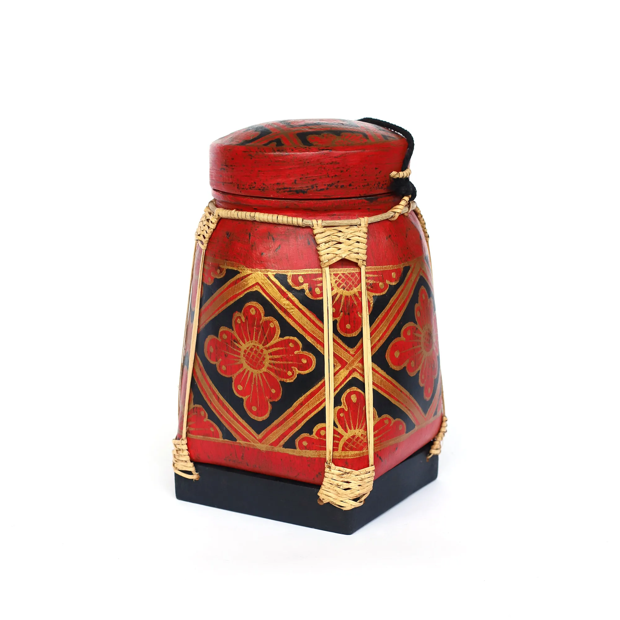 Reisbehälter aus Bambus, 'Blüten', rot-schwarz, B 17 cm, H 30 cm, T 17 cm, Aus Thailand