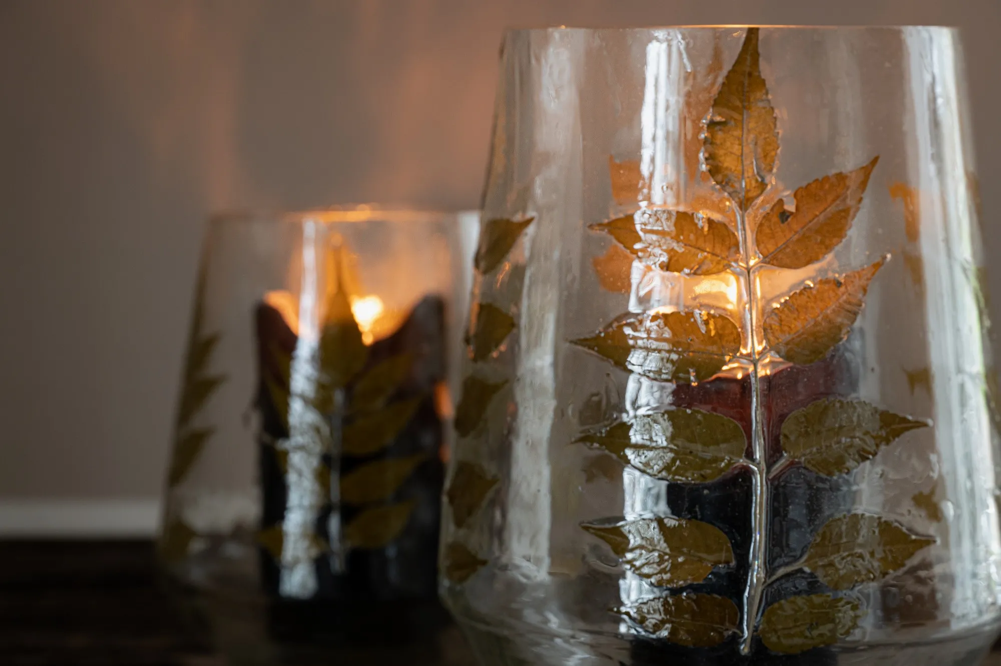 Windlicht 'Decil' mit echten Blättern XL, Ø 17 cm, H 23 cm