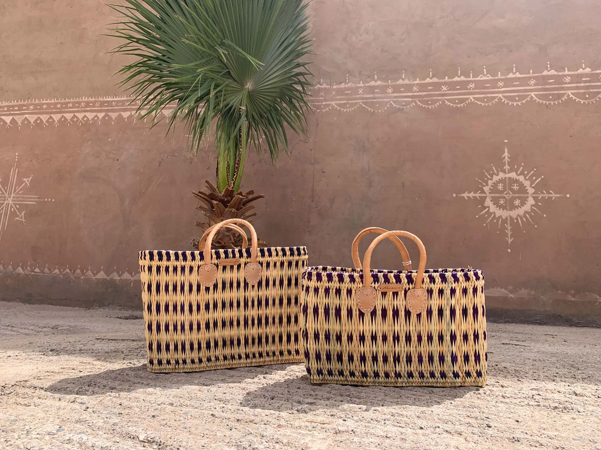 2er-Set Palmblatt-Taschen, natur, kariert