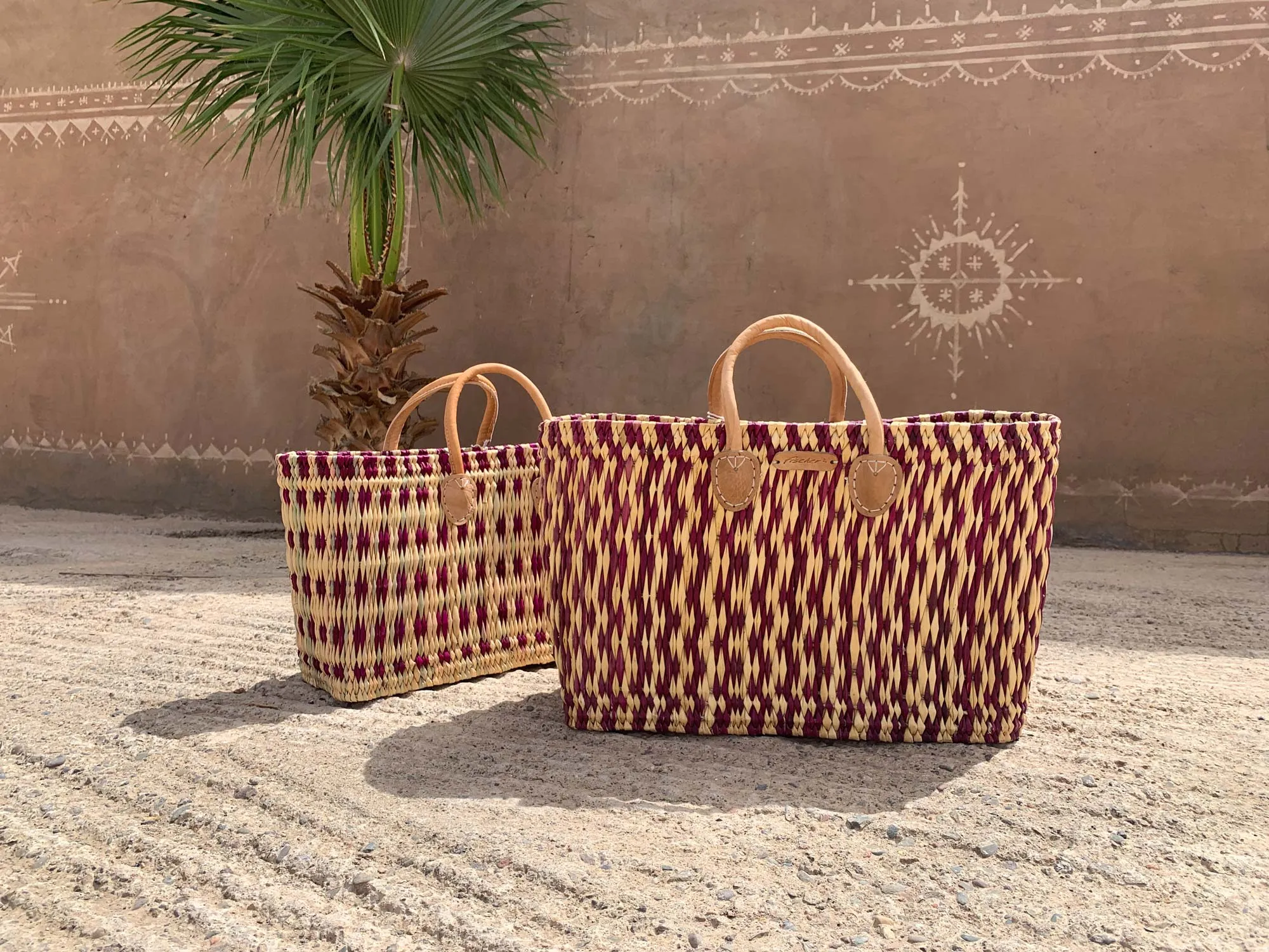 2er-Set Palmblatt-Taschen, natur, Rautenmuster