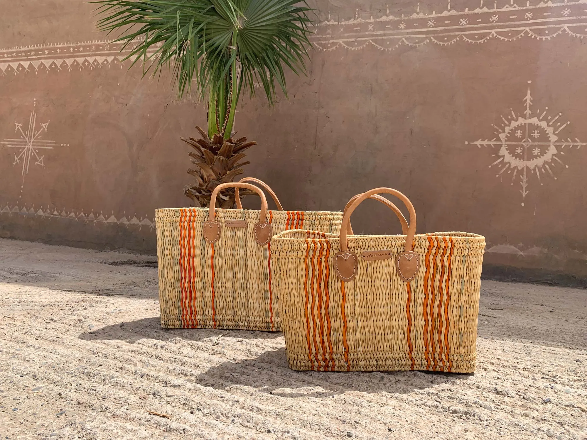 2er-Set Palmblatt-Taschen, natur, gestreift