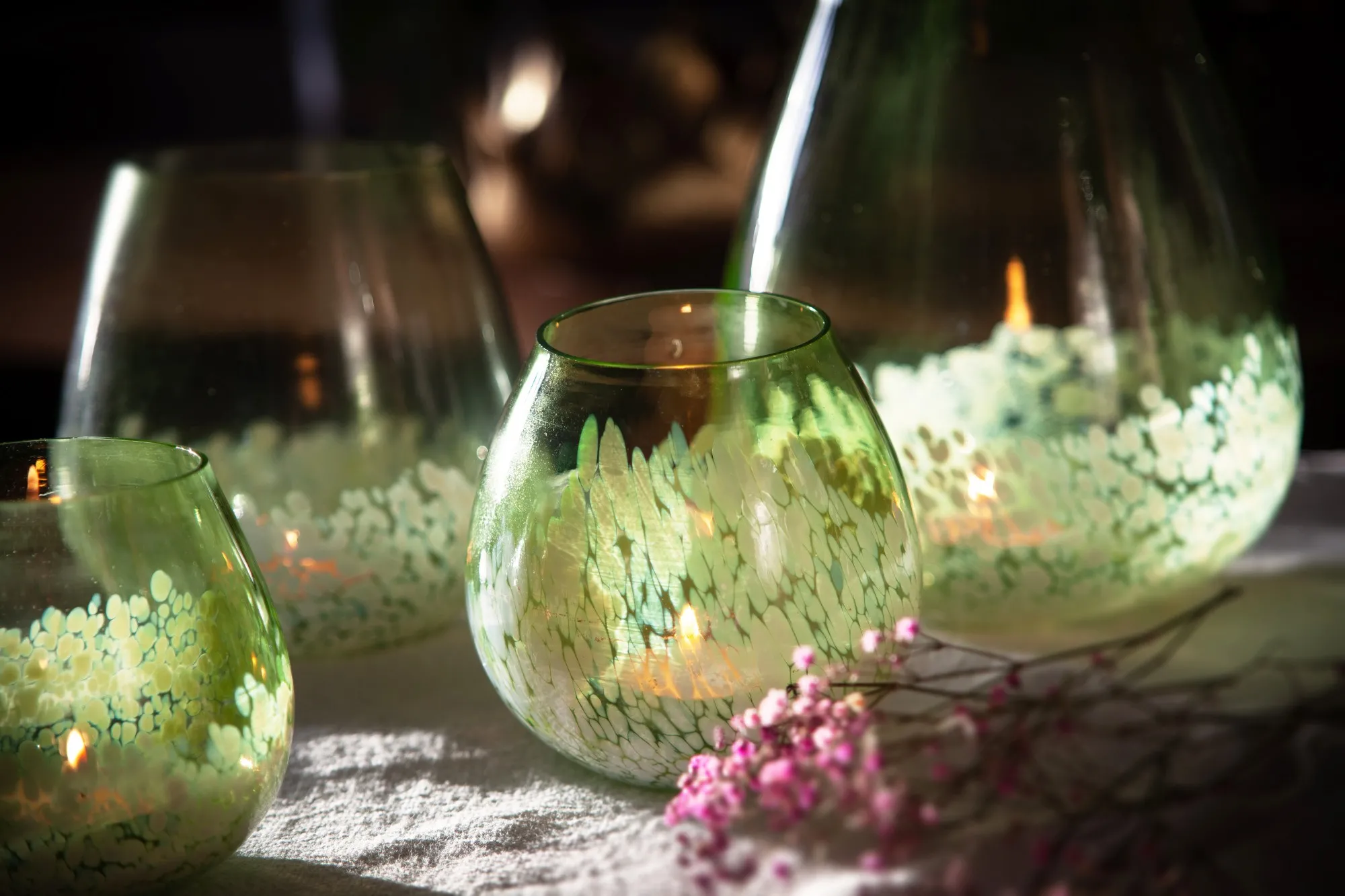 Windlicht gesprenkelt, grün-weiß, Ø 9 cm, H 9 cm