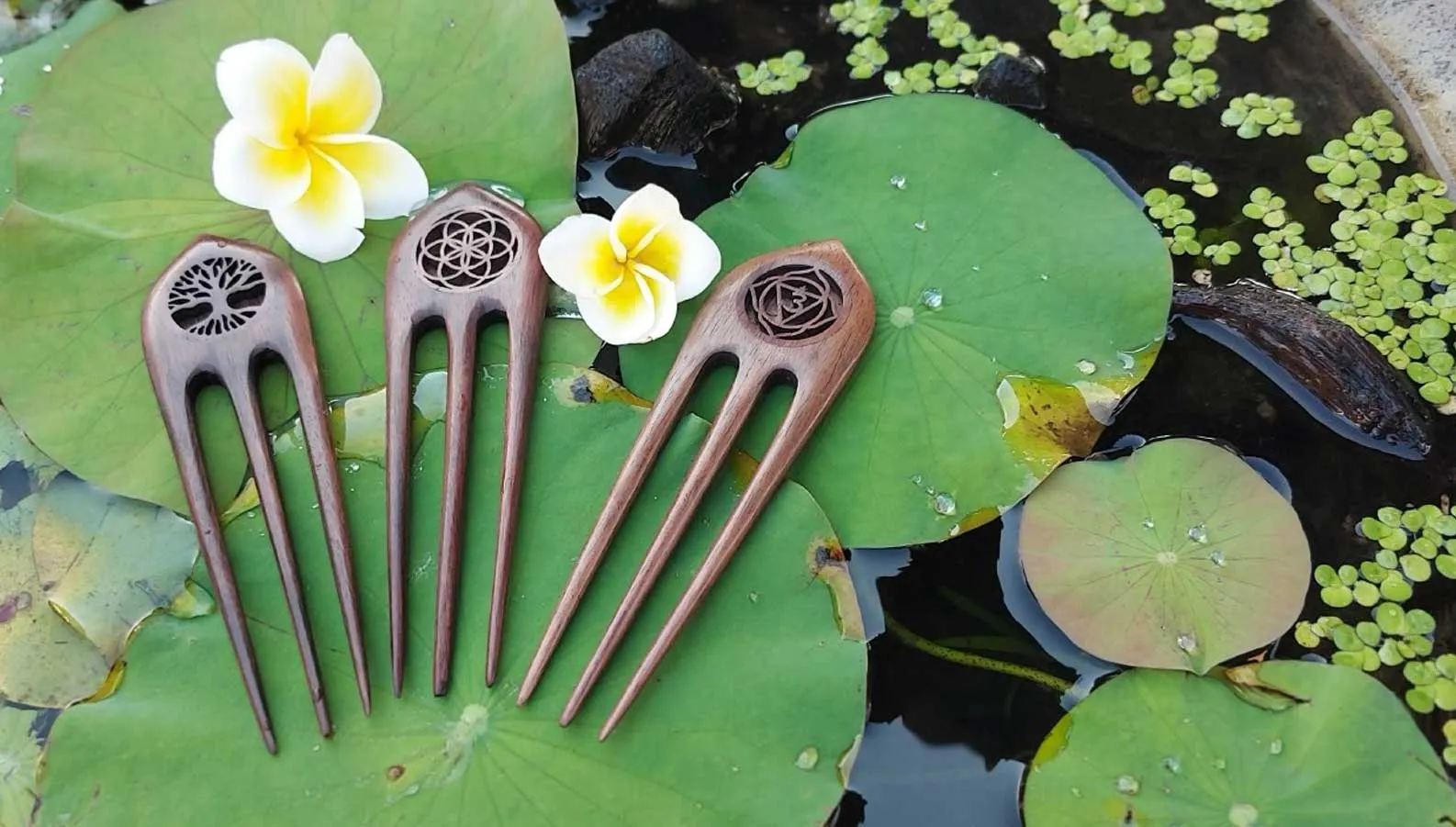 3er Haarnadel 'Third Eye Chakra' aus Holz, L 14 cm, B 4 cm, T 0,7 cm