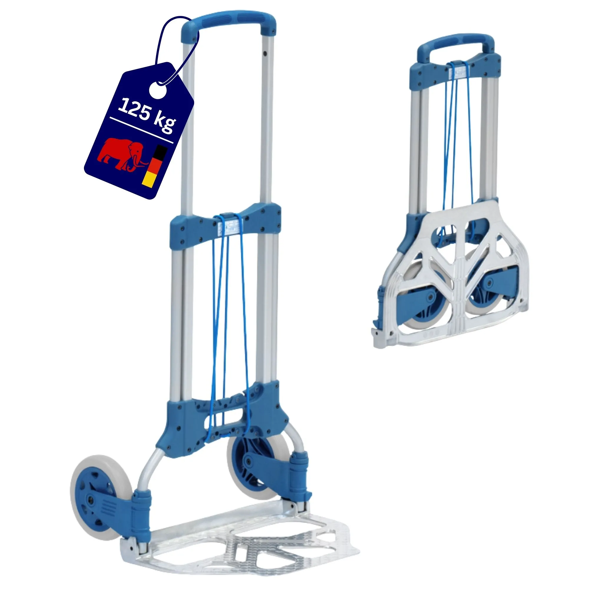 Fetra Alu-Paketroller mit extra großer klappbarer Schaufel & pannensichere Vollgummibereifung | Traglast 125kg | Silber