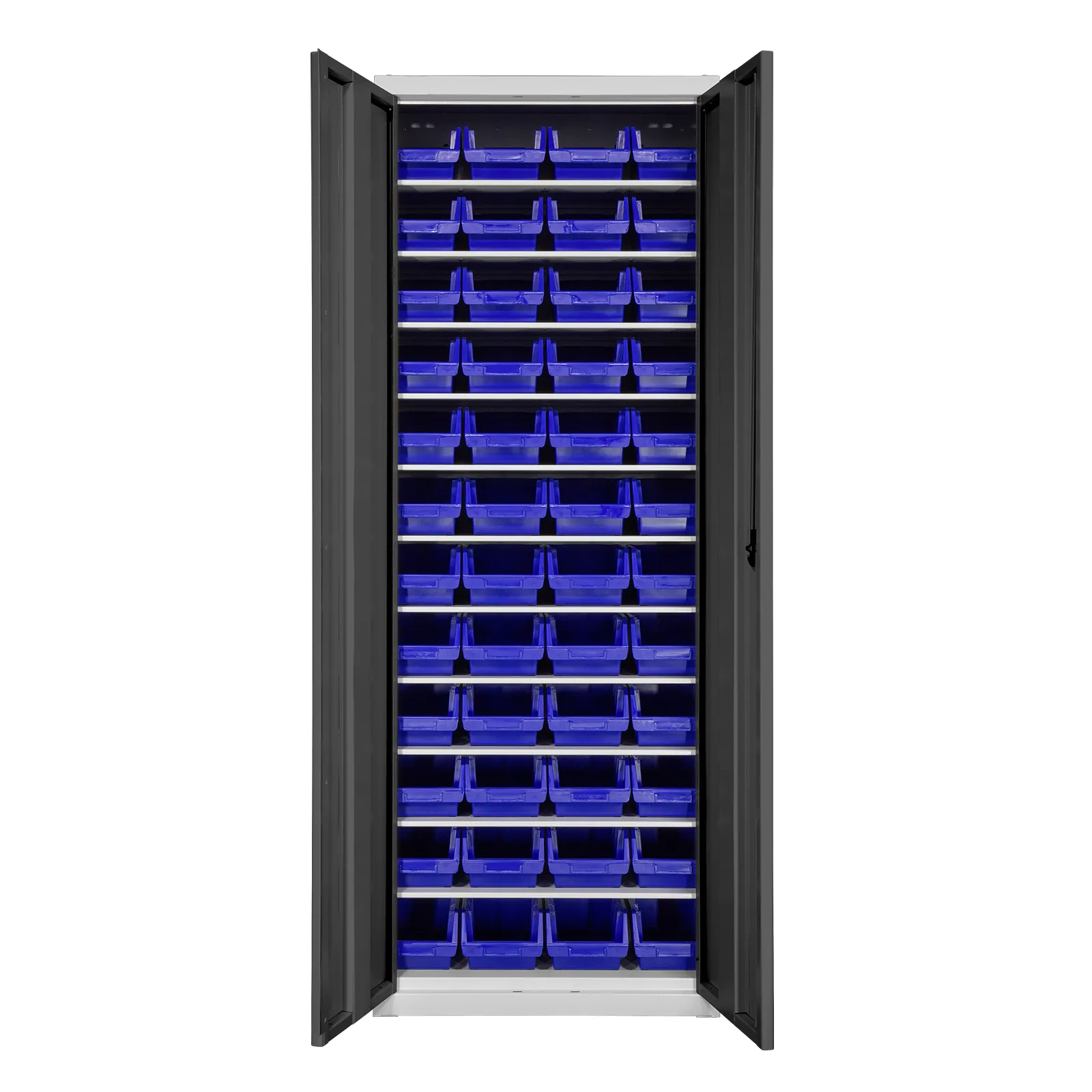 Flügeltürenschrank Owl mit 11 Fachböden + 48 Sichtlagerkästen | HxBxT 195x71x30cm | Lichtgrau/Anthrazitgrau