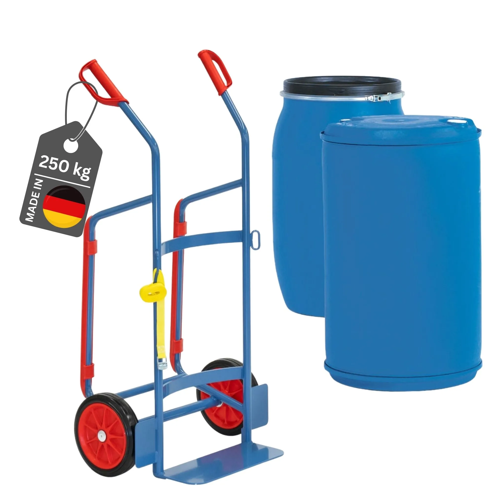 Fetra Fasskarre für 120-220 Liter Kunststoff-Fässer mit Treppenrutsche & pannensichere Vollgummibereifung | Traglast 250kg | Made in Germany | Blau