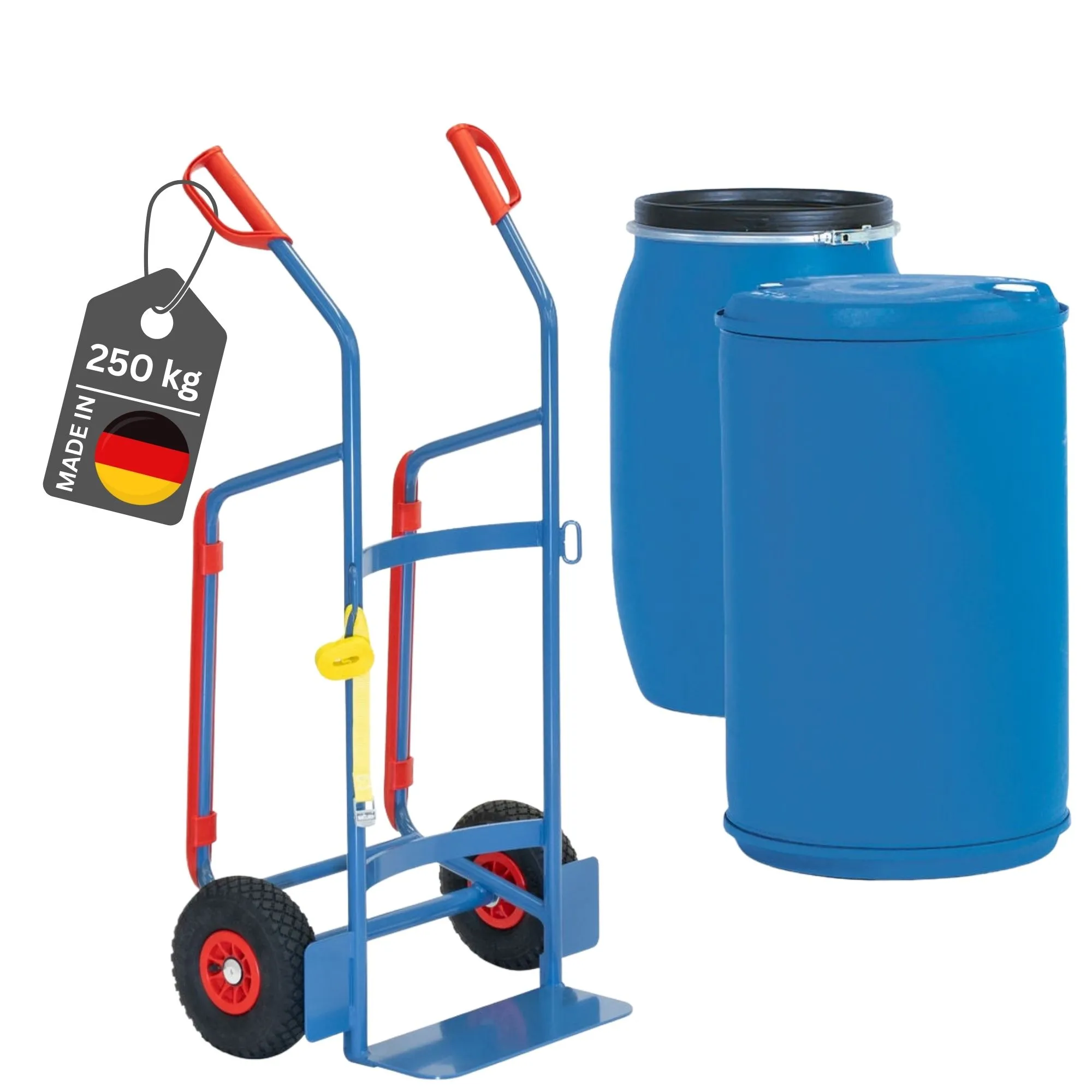 Fetra Fasskarre für 120-220 Liter Kunststoff-Fässer mit Treppenrutsche & pannensichere PU-Bereifung | Traglast 250kg | Made in Germany | Blau