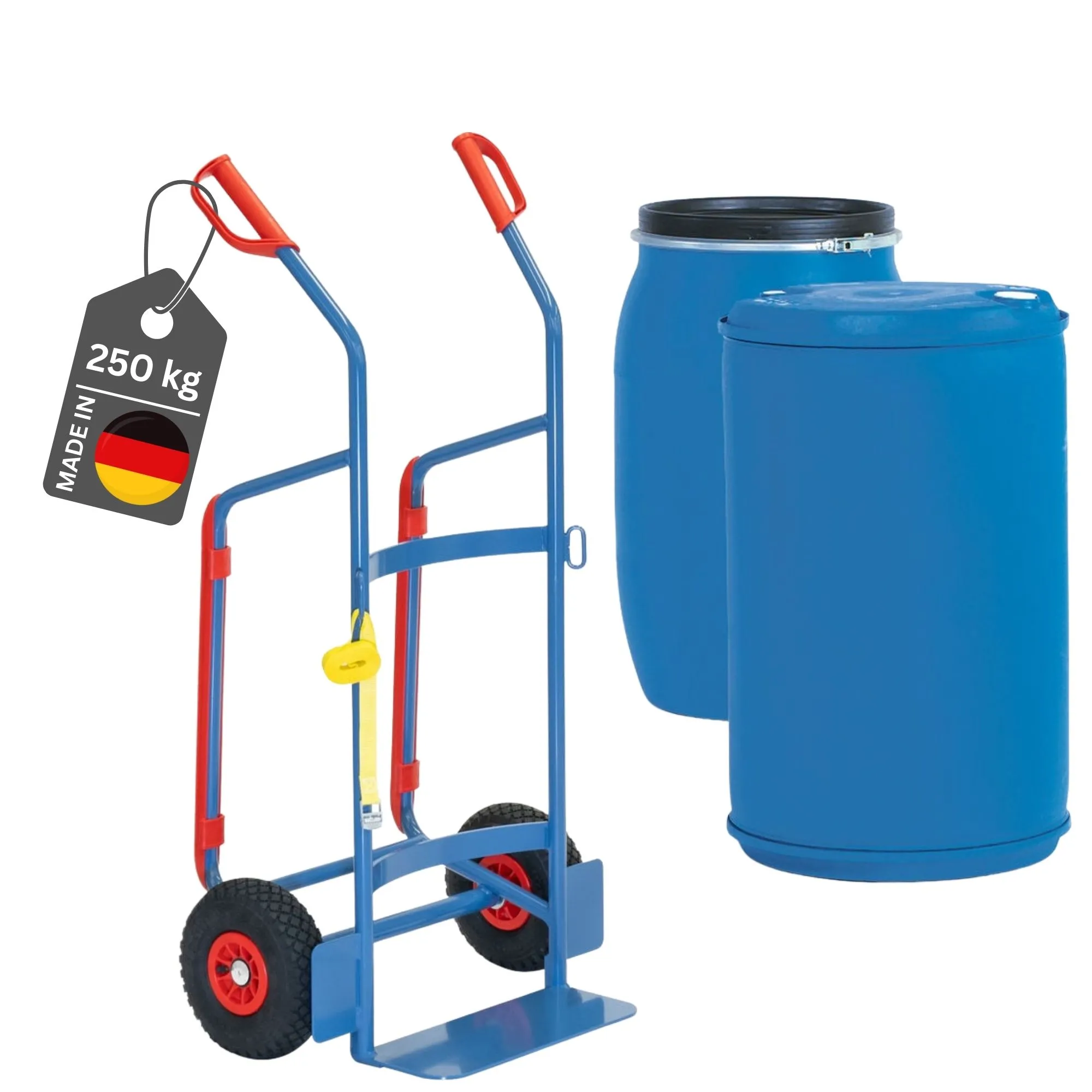 Fetra Fasskarre für 120-220 Liter Kunststoff-Fässer mit Treppenrutsche & Luftbereifung | Traglast 250kg | Made in Germany | Blau