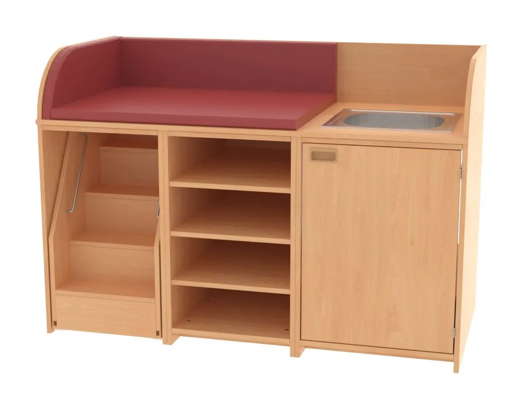 Baum & Hien Wickelkommode mit Waschbecken, 4 offenen Fächern, Tür und ausziehbarer Treppe