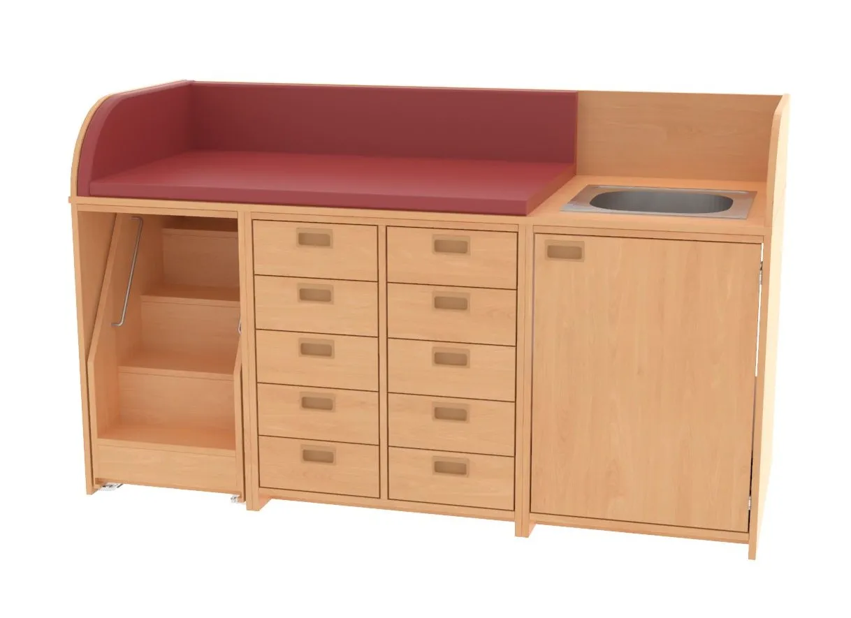 Baum & Hien Wickelkommode mit Waschbecken, 10 Schüben, Tür und ausziehbarer Treppe