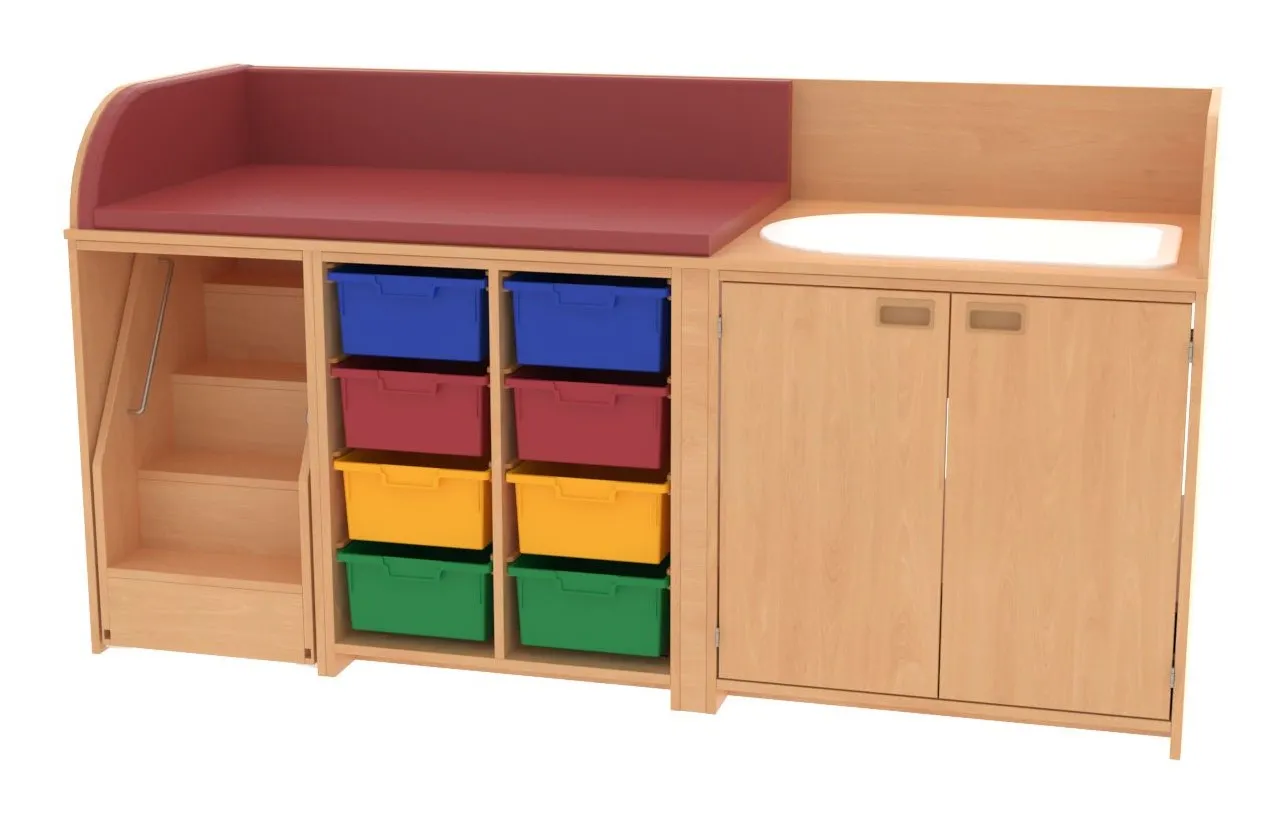 Baum & Hien Wickelkommode mit Badebecken, 8 hohen Aufbewahrungsboxen, 2 Türen und ausziehbarer Treppe