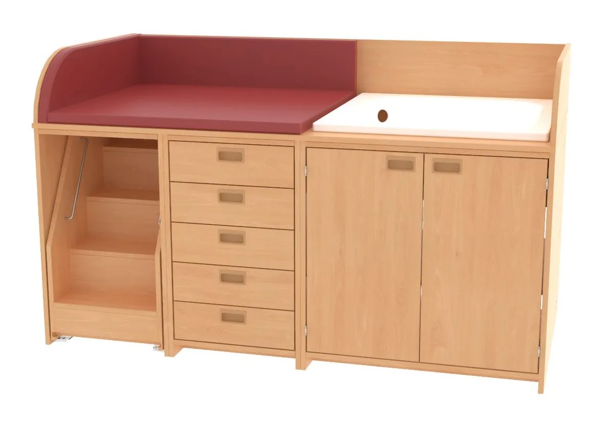 Baum & Hien Wickelkommode mit Duschwanne, 5 Schüben, 2 Türen und ausziehbarer Treppe