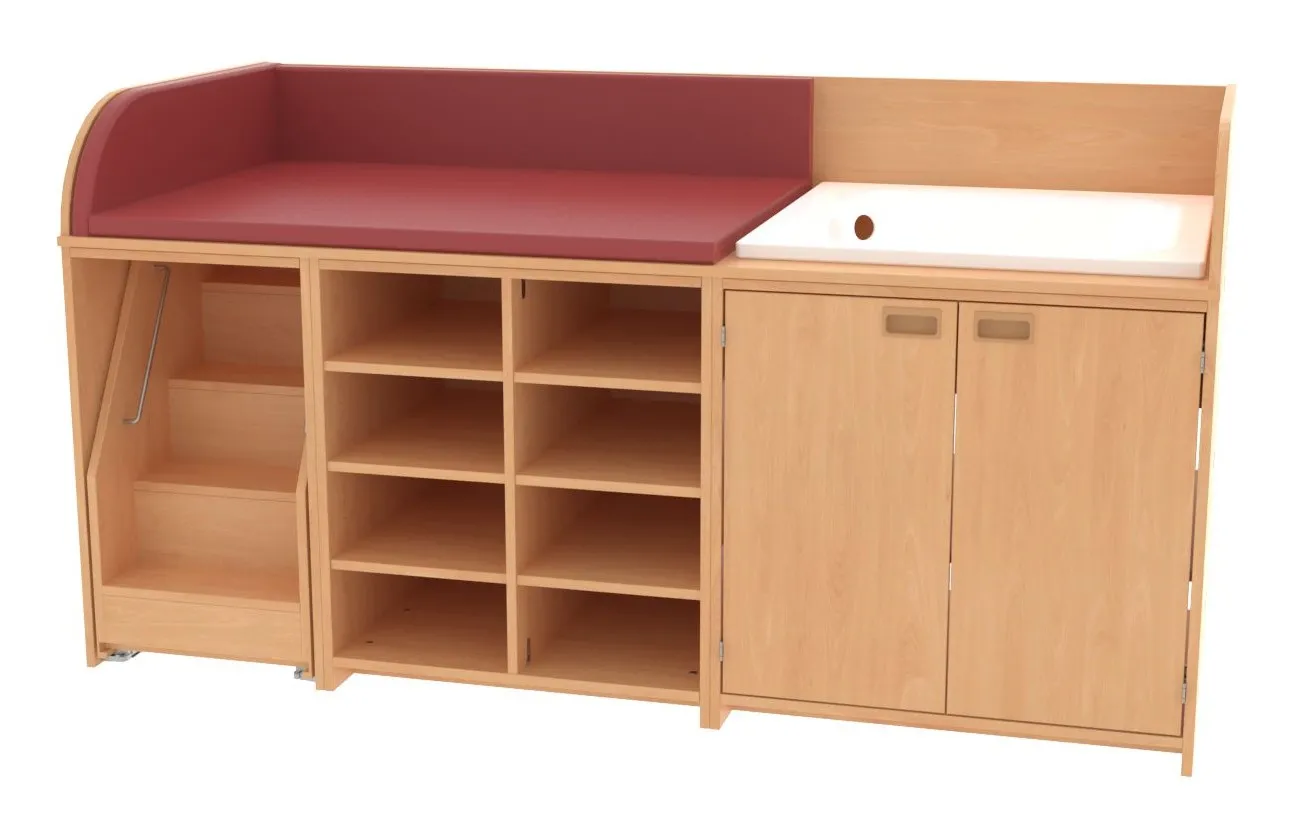 Baum & Hien Wickelkommode mit Duschwanne, 8 offenen Fächern, 2 Türen und ausziehbarer Treppe