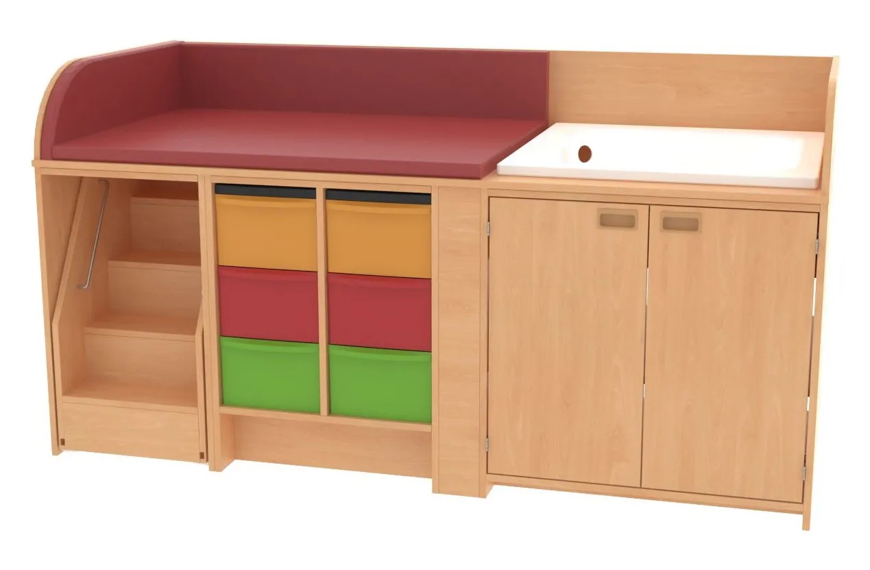 Baum & Hien Wickelkommode mit Duschwanne, 6 hohen Aufbewahrungsboxen, 2 Türen und ausziehbarer Treppe