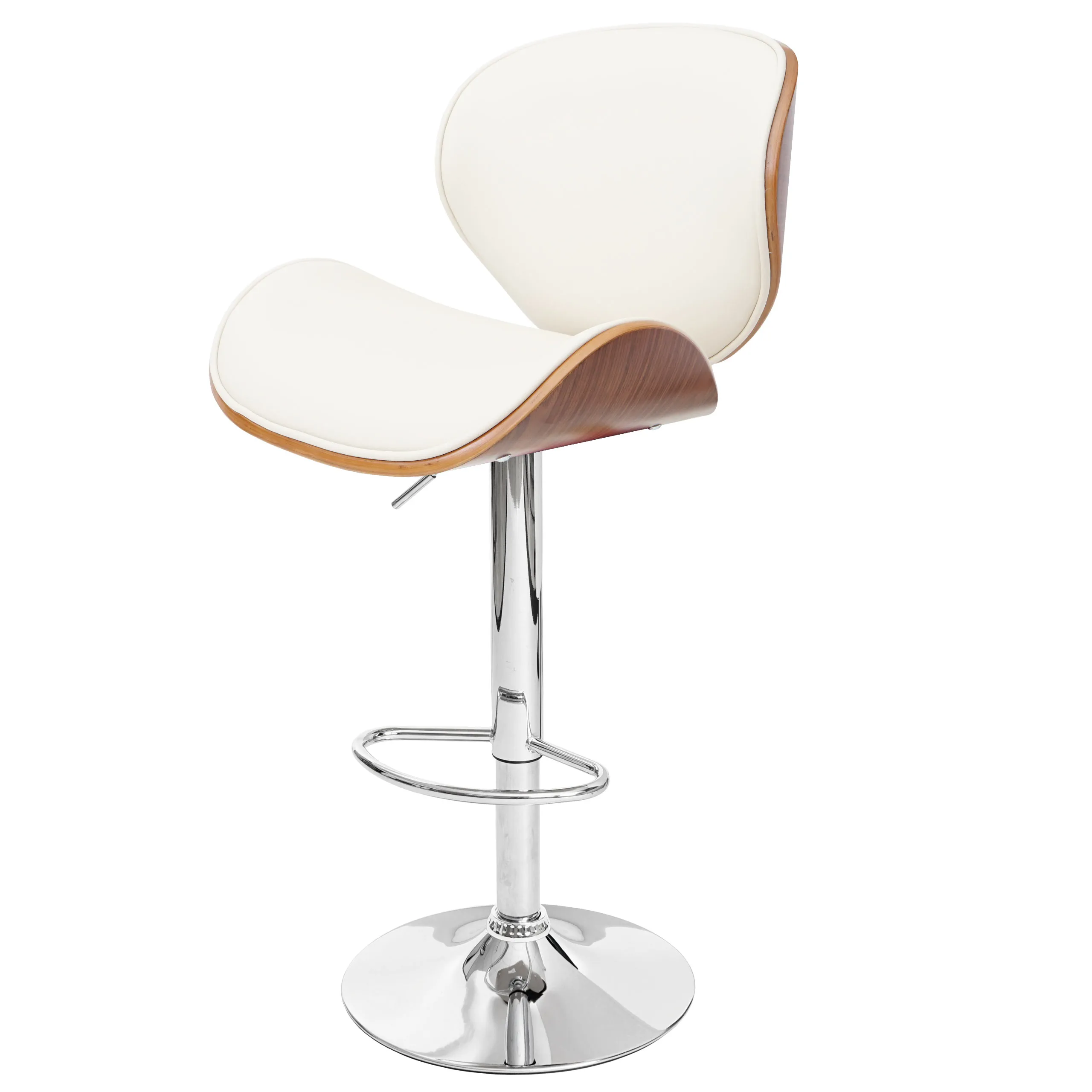 Barhocker höhenverstellbar mit Lehne | Sitzhöhe 62-84cm | Holz Bugholz Retro-Design | Walnuss-Optik | Kunstleder Creme | Barstuhl