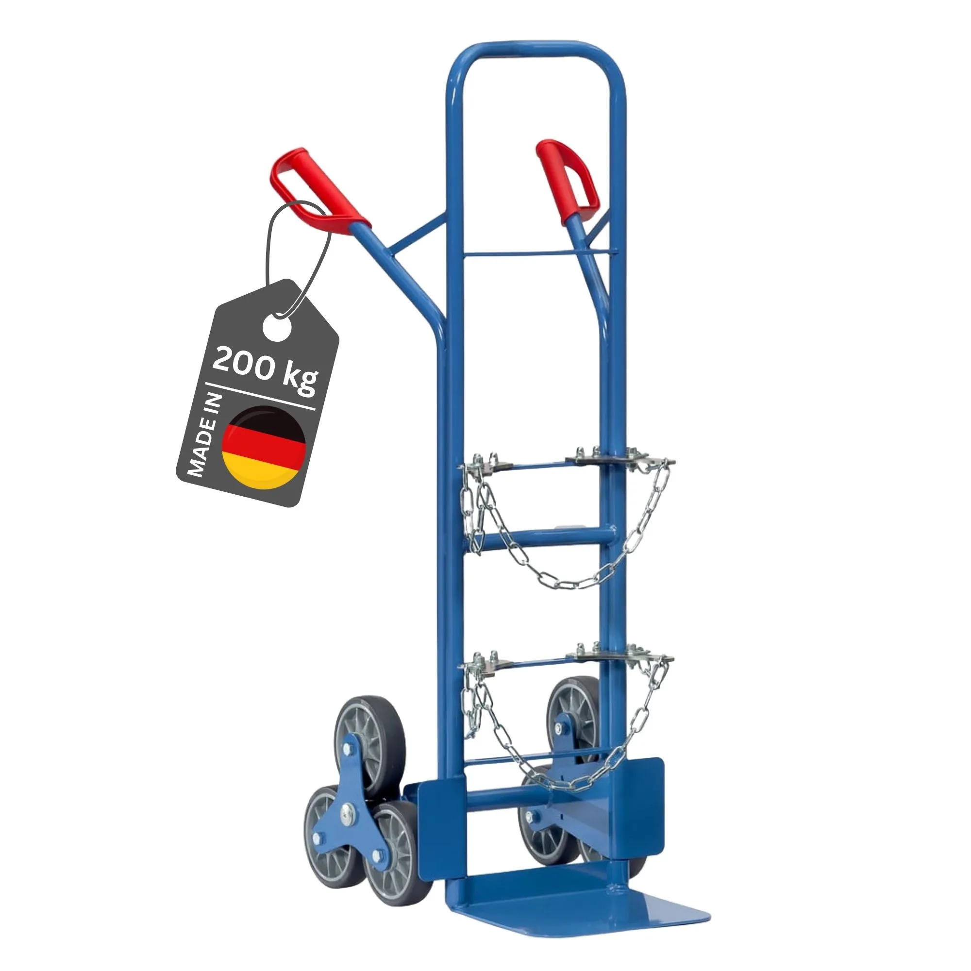 Fetra Stahlflaschen-Treppenkarre für eine Gas- oder Propangasflasche mit pannensicherer 3-Sterne-Vollgummibereifung | Traglast 200kg | Made in Germany | Blau