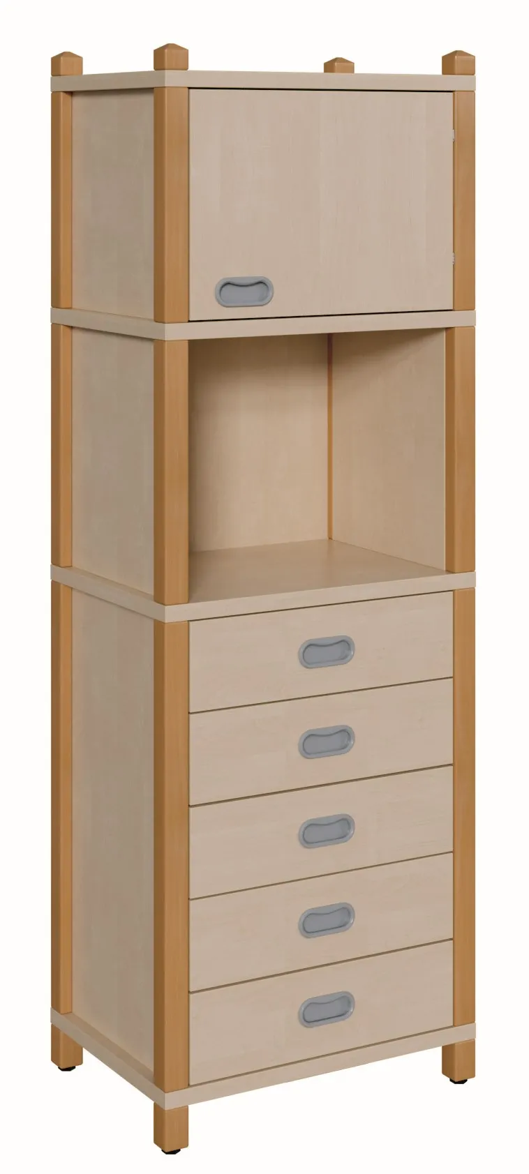 Stollenschrank mit fünf Dekorschüben und Schrankaufsatz