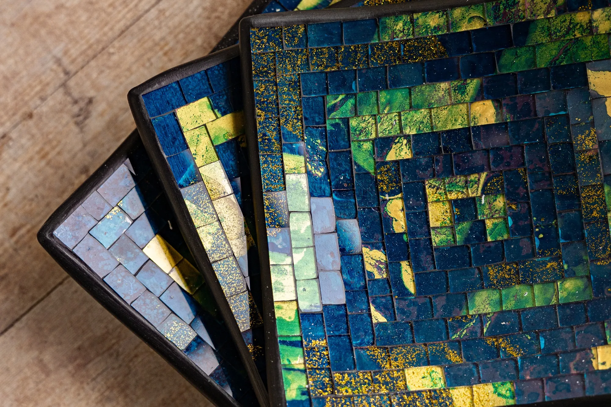 3er-Set Mosaikteller, blau, gold