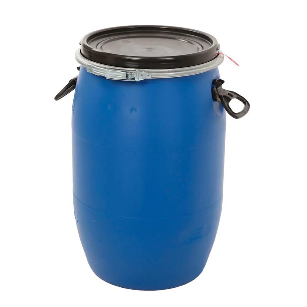 Premium Mehrzweckfass aus Kunststoff mit Spannringverschluss & Tragegriffen | 60 Liter, HxØ 62,9x36,9cm | Polyethylen | Blau, Deckel Schwarz