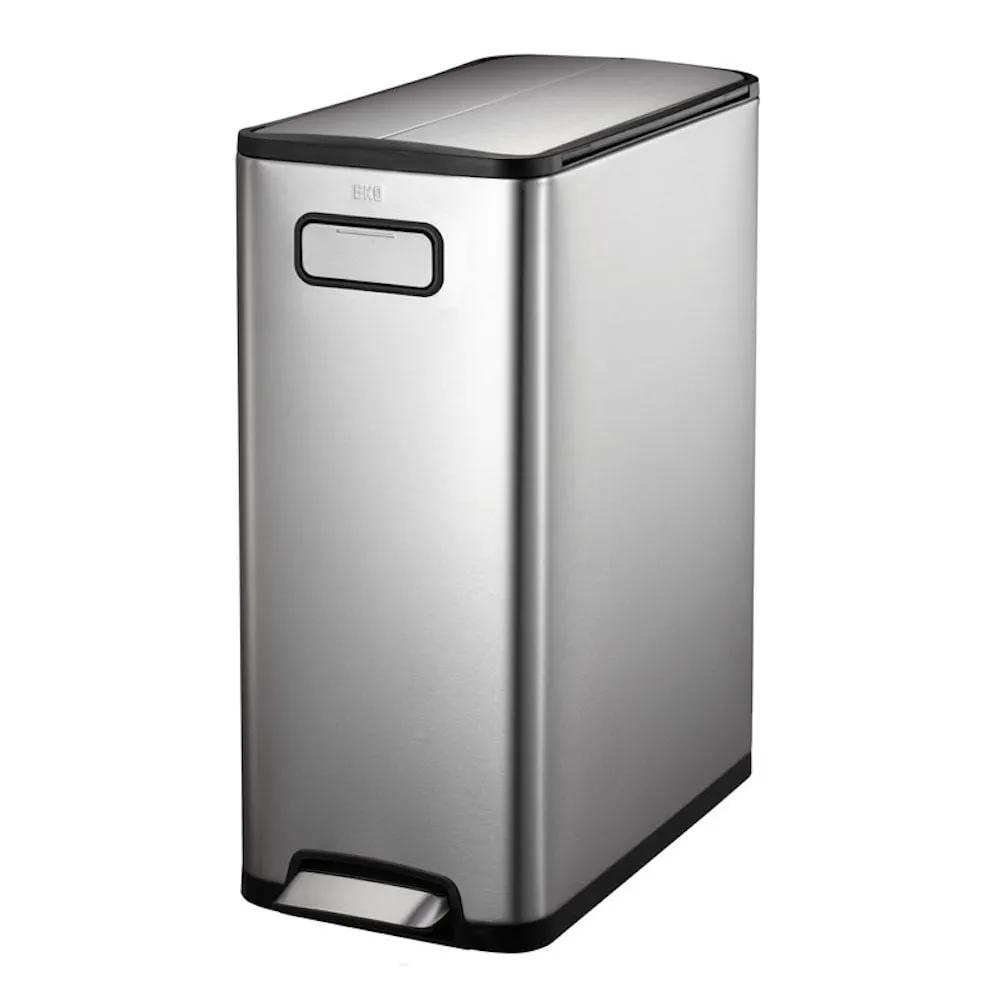 Modern designter Treteimer zur Abfallscheidung aus gebürstetem Edelstahl | 30 Liter, HxBxT 64,6x25,5x44,8cm | Edelstahl