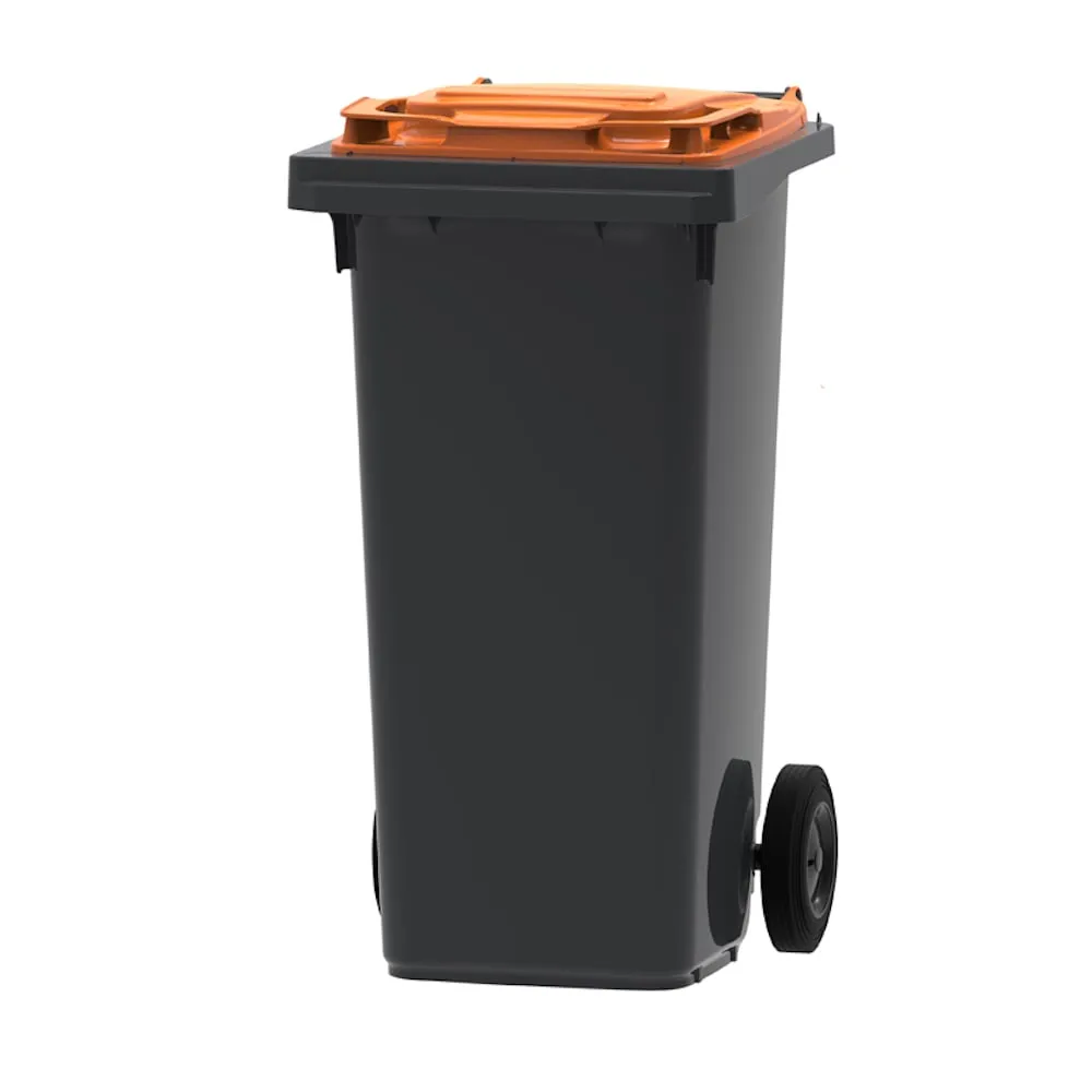 PROREGAL Premium 2-Rad-Mülltonne MGB | 120 Liter, HxBxT 97,4x47,9x55,5cm | HDPE-Kunststoff | Grau, Deckel Orange