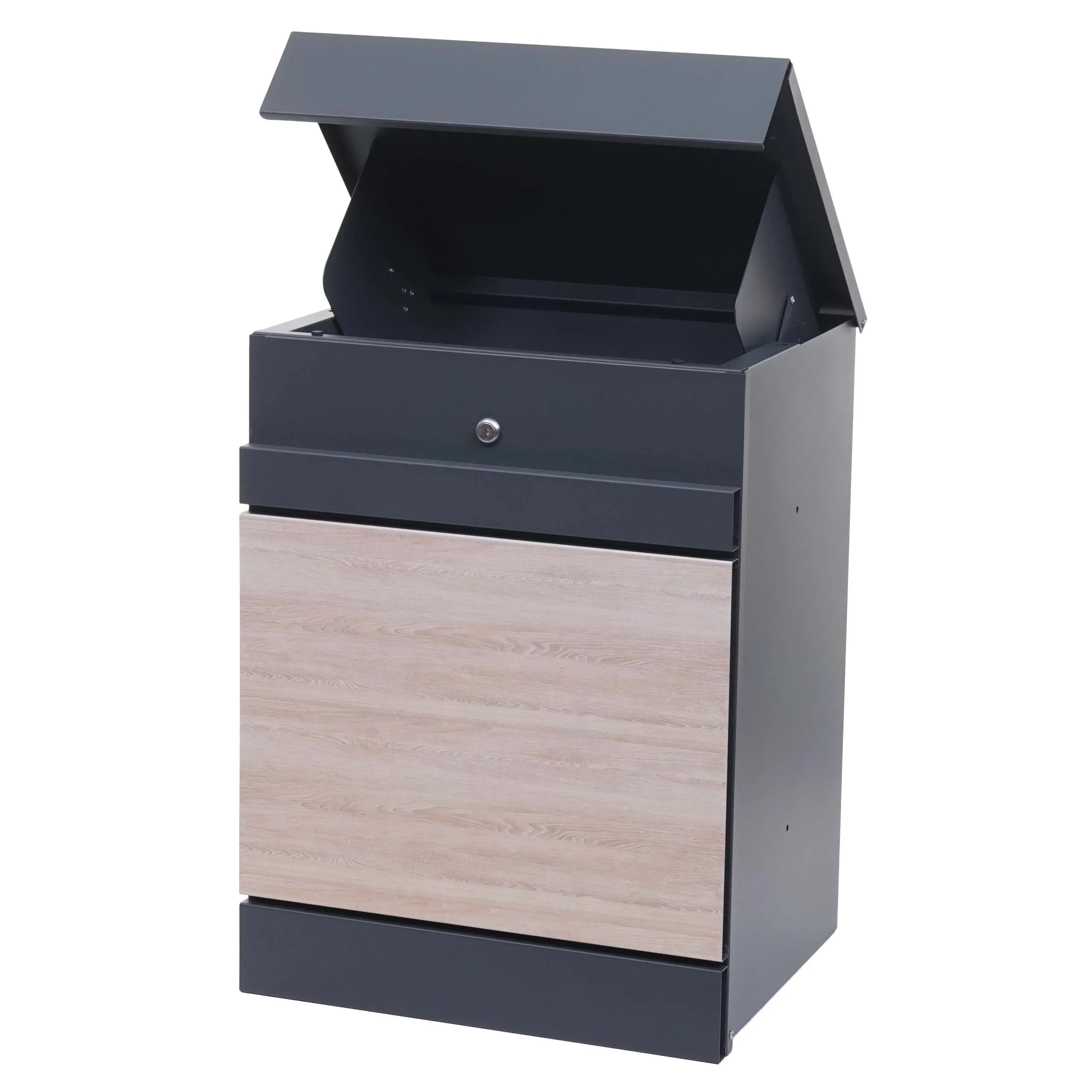 Paketkasten | HxBxT 58x45x36cm | Paketbox Paketfach Paketstation Briefkasten | Metall | verzinkt anthrazit-Holzoptik