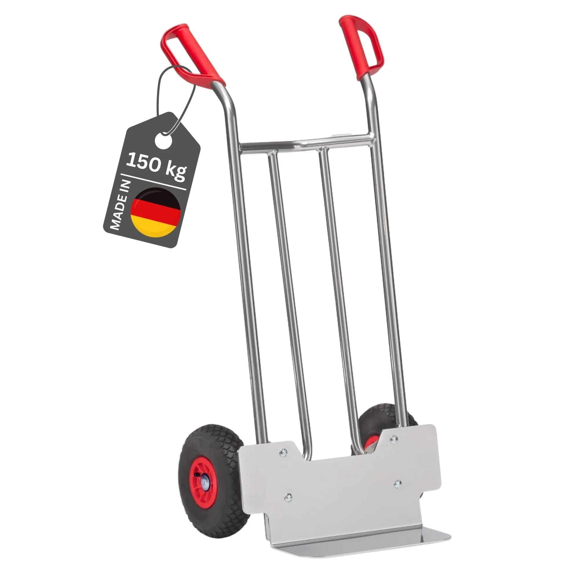 Fetra Alu-Sackkarre mit Standardschaufel, gebogenen Streben & Luftbereifung | Traglast 150kg | Made in Germany | Silber