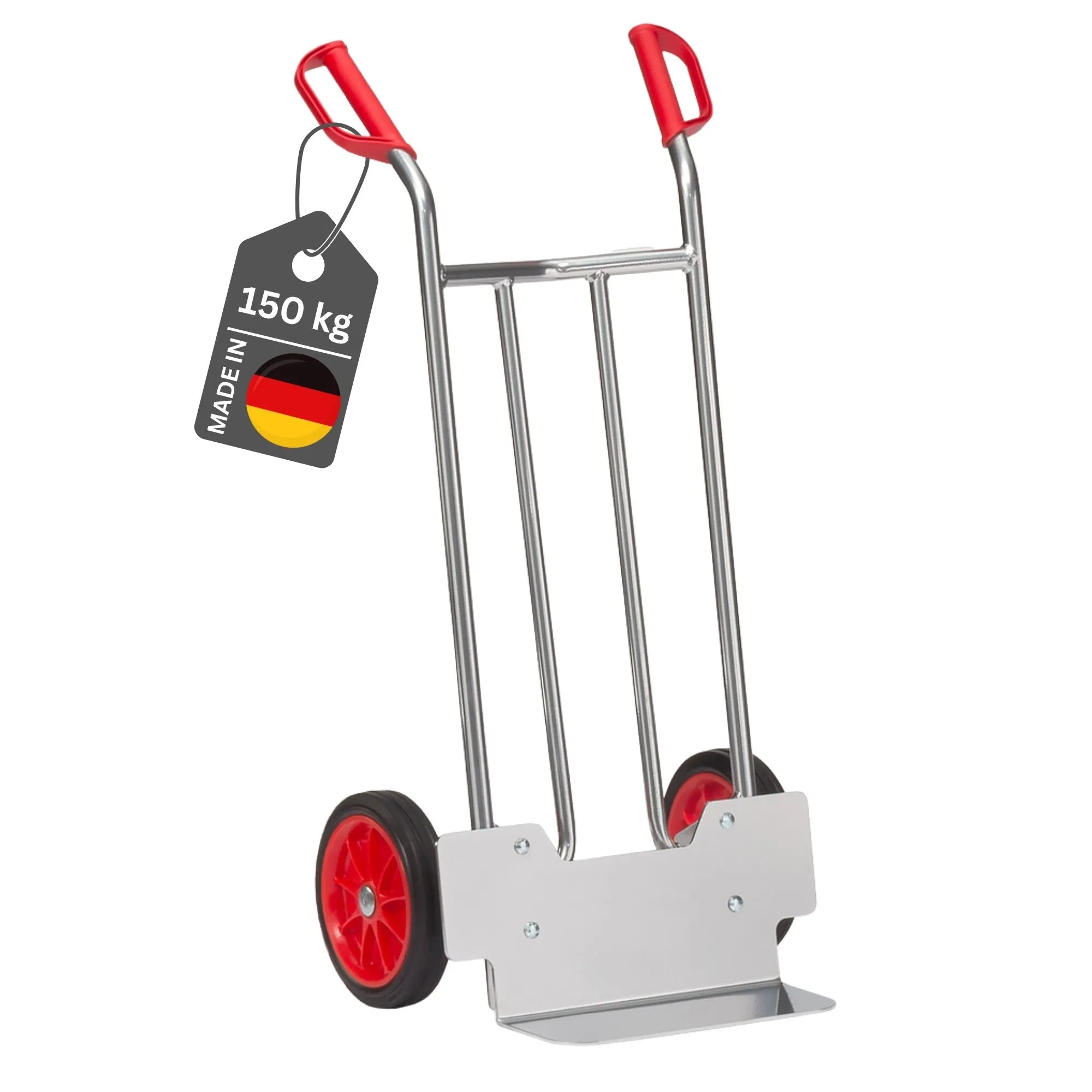 Fetra Alu-Sackkarre mit Standardschaufel, gebogenen Streben & pannensichere Vollgummibereifung | Traglast 150kg | Made in Germany | Silber