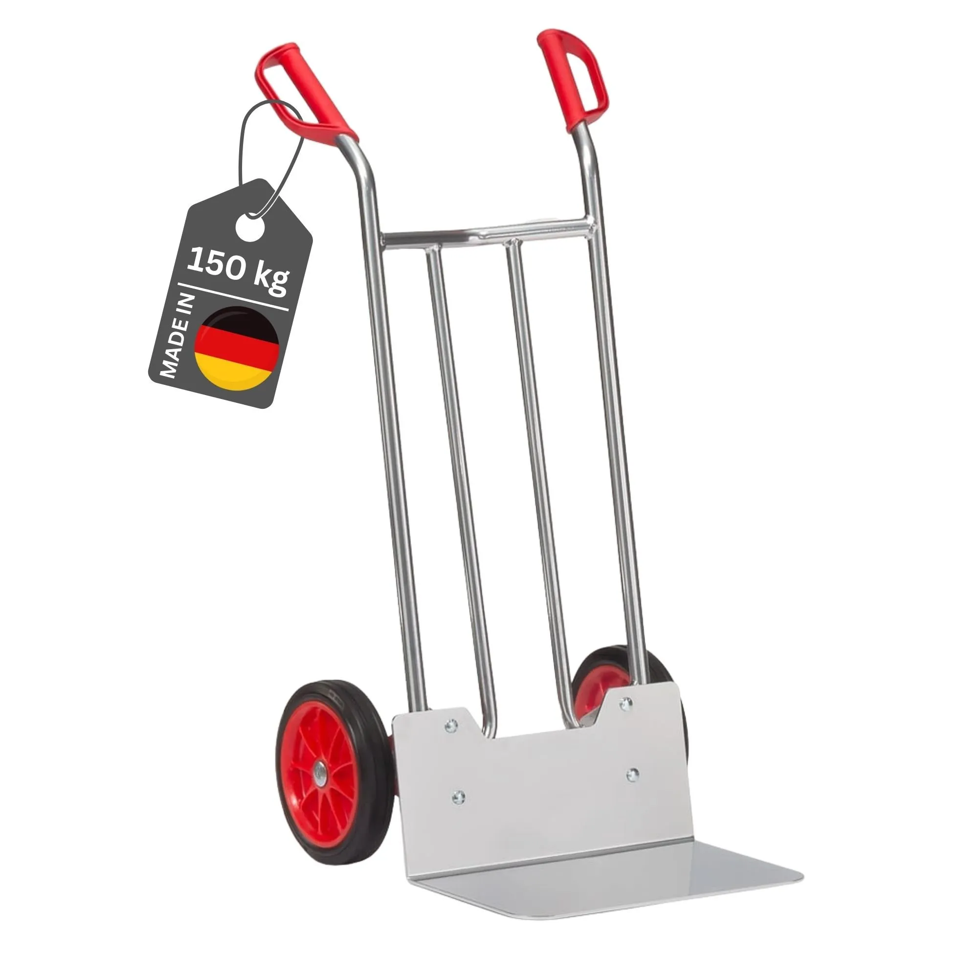 Fetra Alu-Sackkarre mit extra breiter Schaufel, gebogenen Streben & pannensichere Vollgummibereifung | Traglast 150kg | Made in Germany | Silber