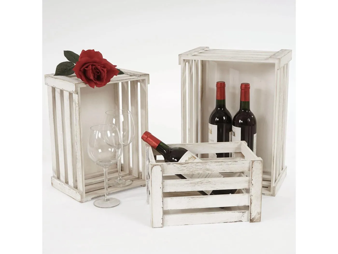 Holzkiste MCW-C56 (3er-Set), Weiß, shabby