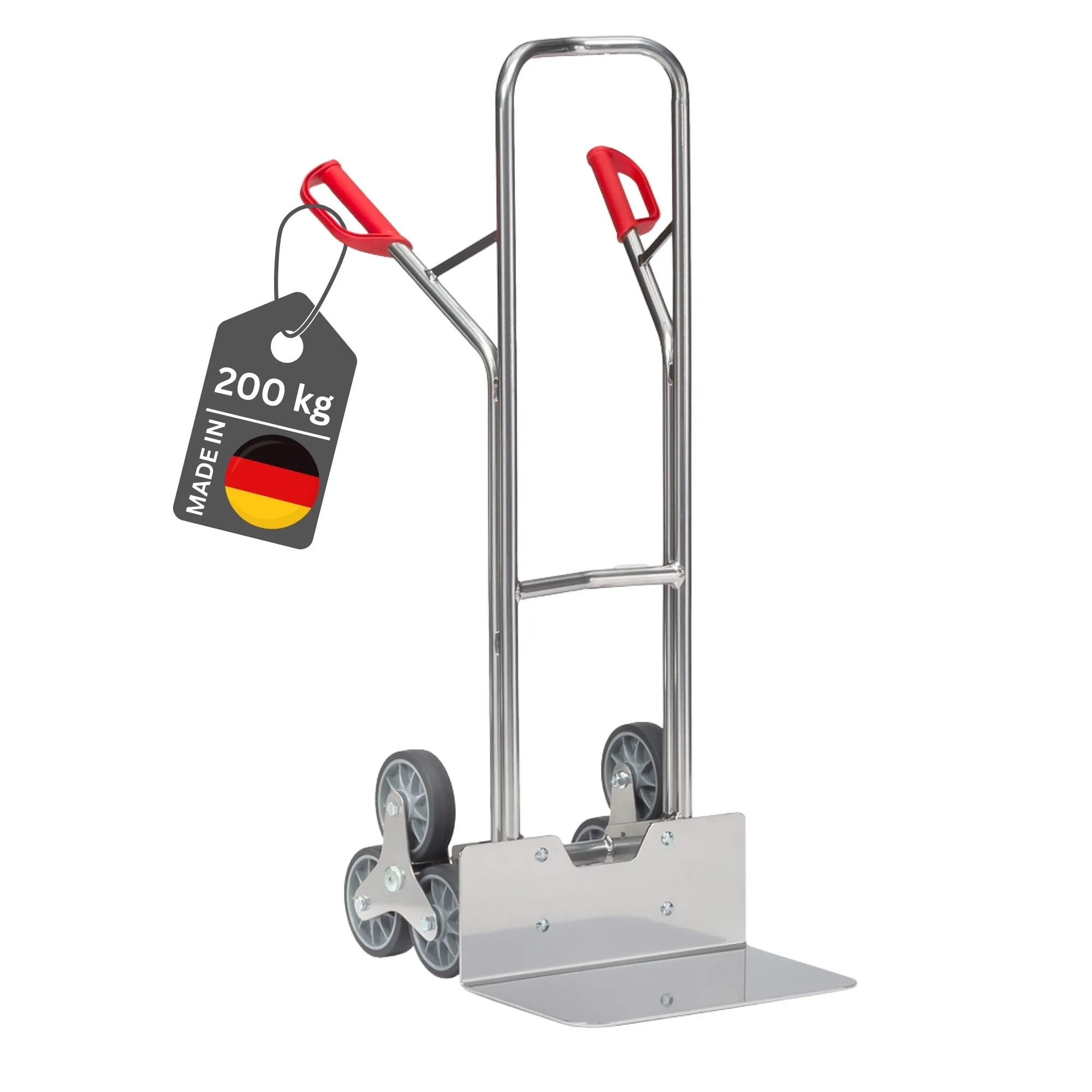 Fetra Alu-Treppenkarre mit extra großer Schaufel, gebogenen Streben, 3-Sterneräder & pannensichere Vollgummibereifung | Traglast 200kg | Made in Germany | Silber
