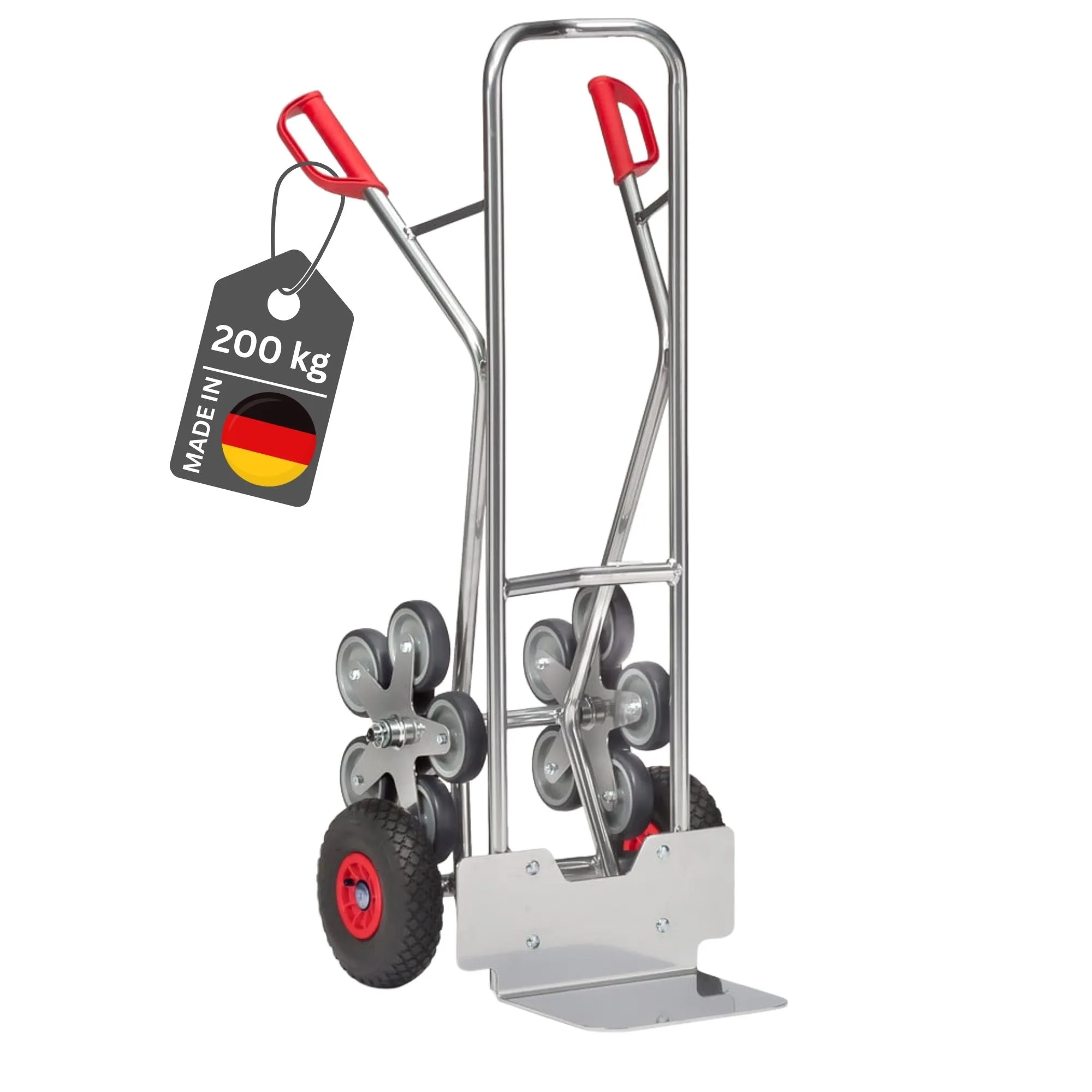 Fetra Alu-Treppenkarre mit Standardschaufel, gebogenen Streben, 5-Sterneräder & pannensichere PU-Bereifung | Traglast 200kg | Made in Germany | Silber