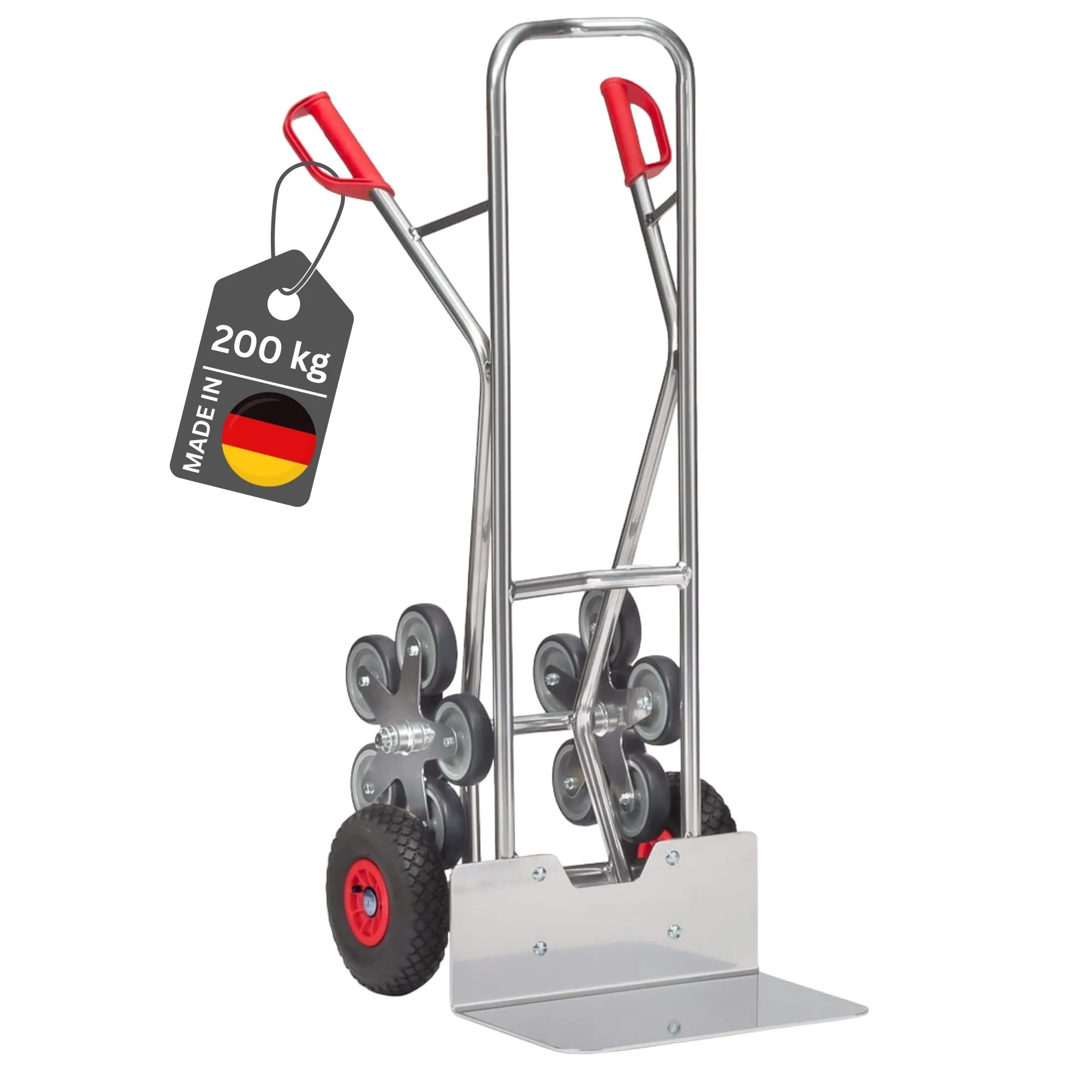 Fetra Alu-Treppenkarre mit extra großer Schaufel, gebogenen Streben, 5-Sterneräder & pannensichere PU-Bereifung | Traglast 200kg | Made in Germany | Silber