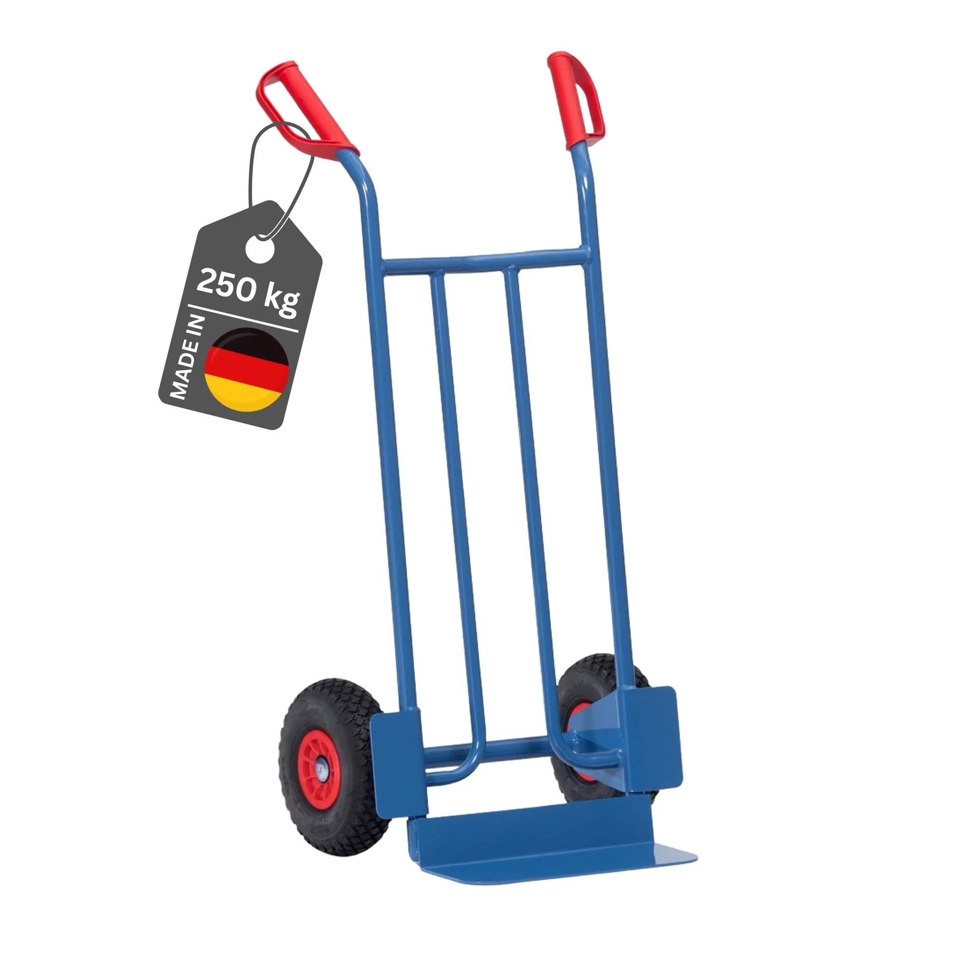 Fetra Stahlrohr-Sackkarre mit Standardschaufel & pannensichere PU-Bereifung | Traglast 250kg | Made in Germany | Blau