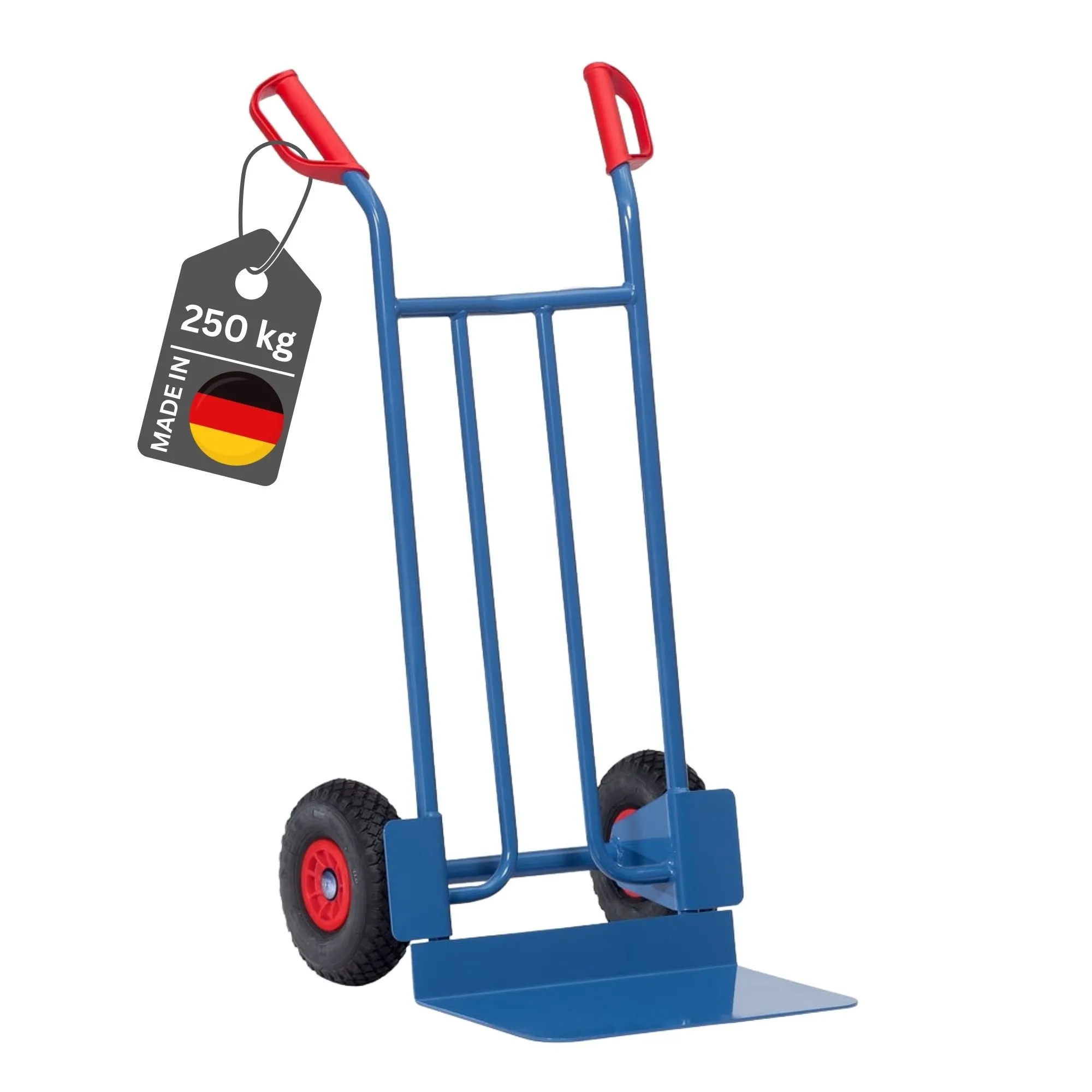 Fetra Stahlrohr-Sackkarre mit extra breiter Schaufel & pannensichere PU-Bereifung | Traglast 250kg | Made in Germany | Blau