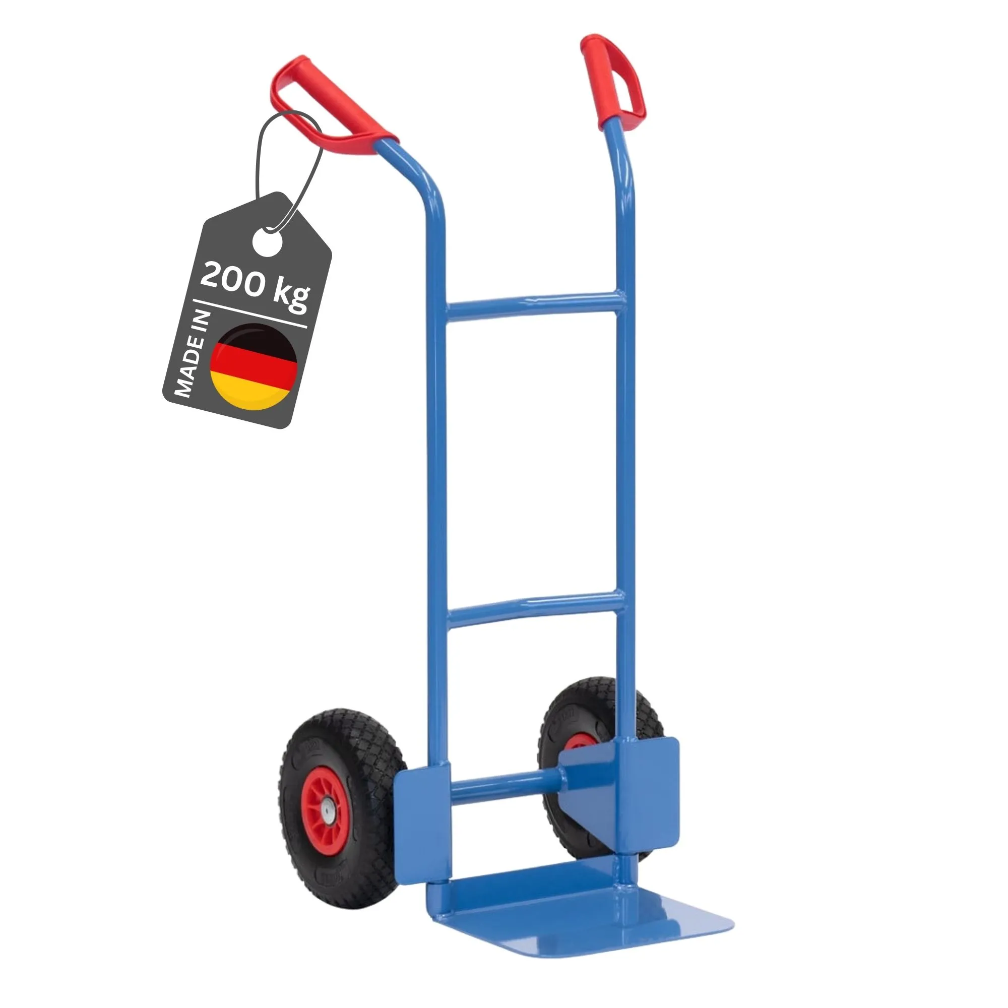 Fetra Stahlrohr-Sackkarre mit Standardschaufel, gebogenen Streben & pannensichere PU-Bereifung | Traglast 200kg | Made in Germany | Blau