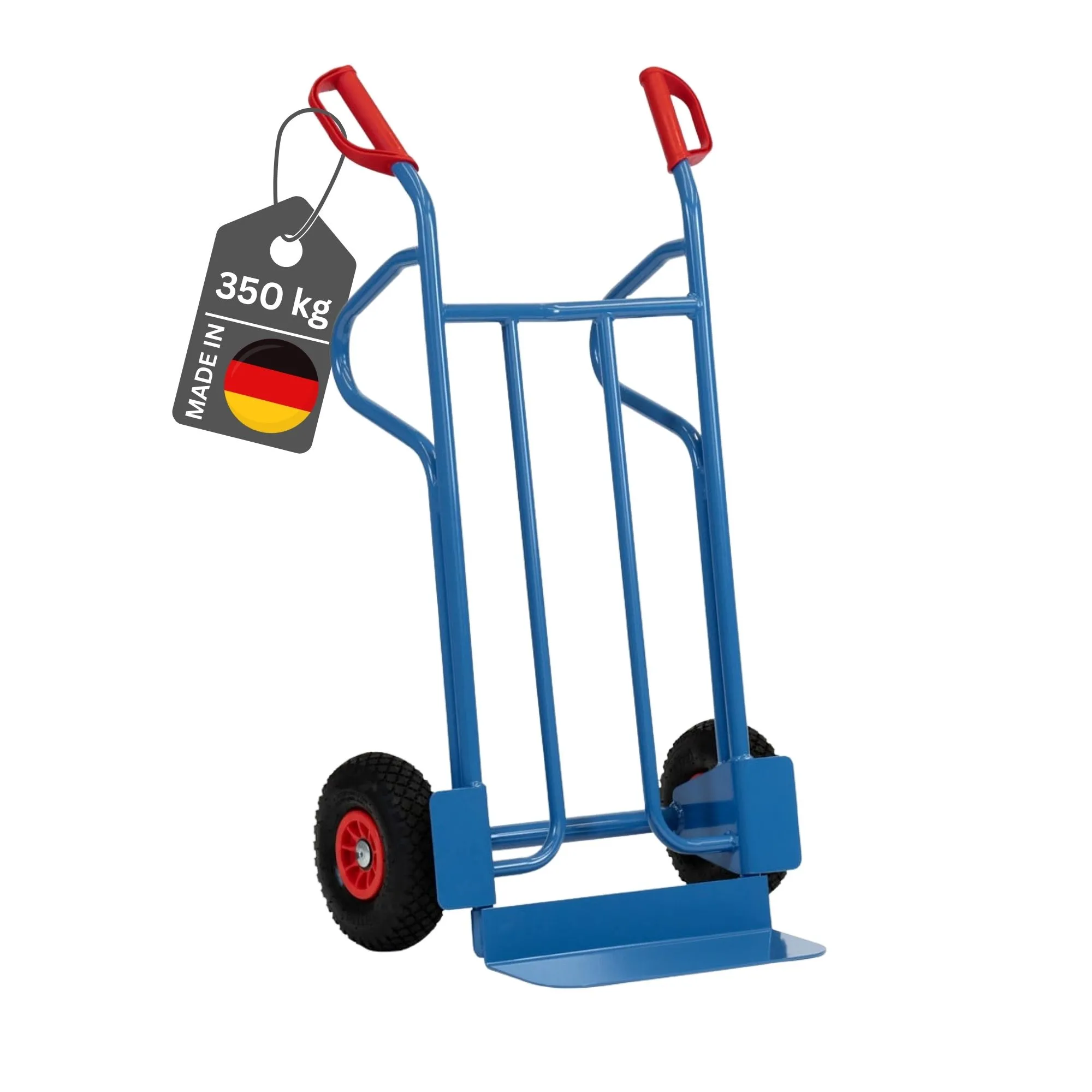 Fetra Große Stahlrohr-Sackkarre mit Standardschaufel & pannensichere PU-Bereifung | Traglast 350kg | Made in Germany | Blau