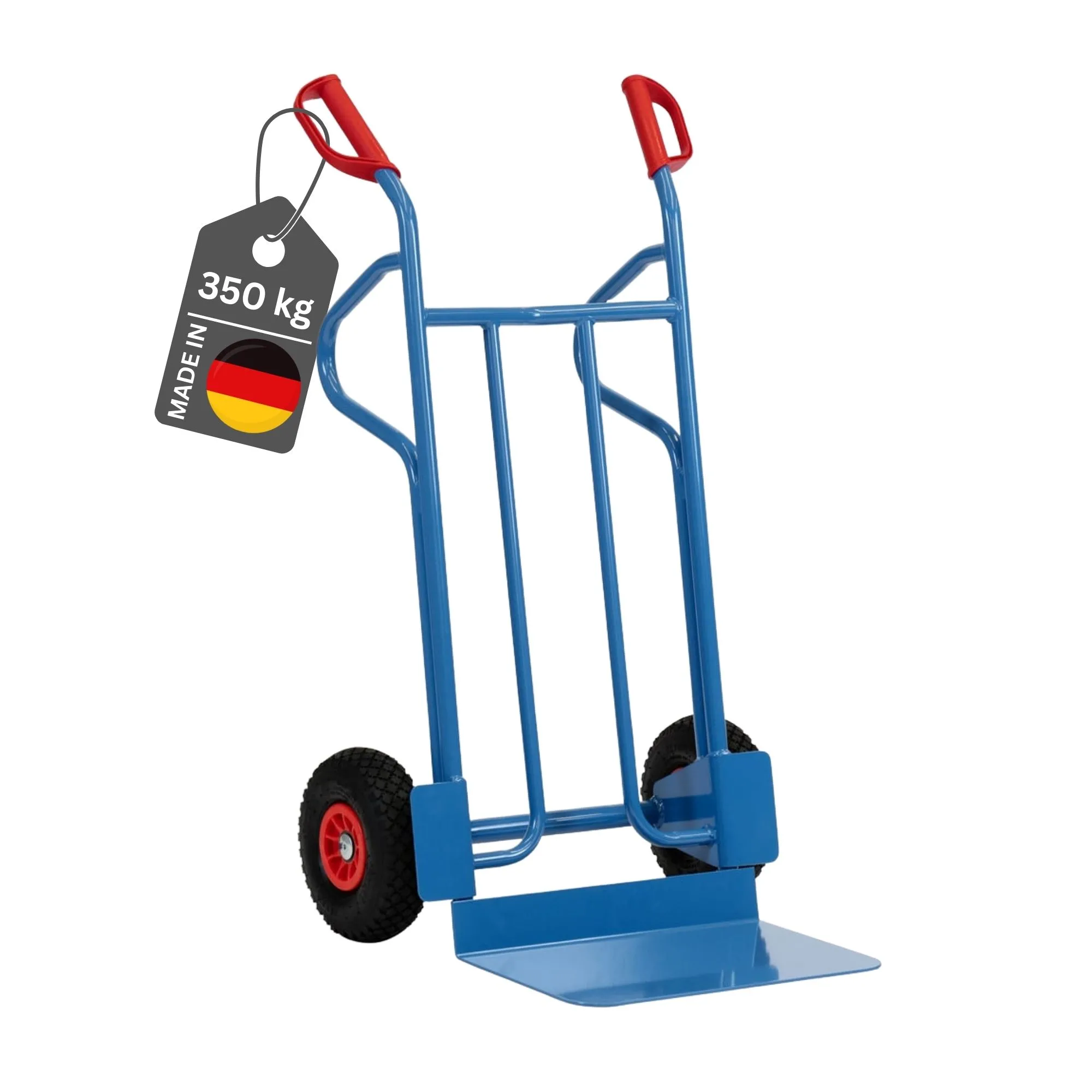 Fetra Große Stahlrohr-Sackkarre mit mit extra breiter Schaufel & pannensichere PU-Bereifung | Traglast 350kg | Made in Germany | Blau