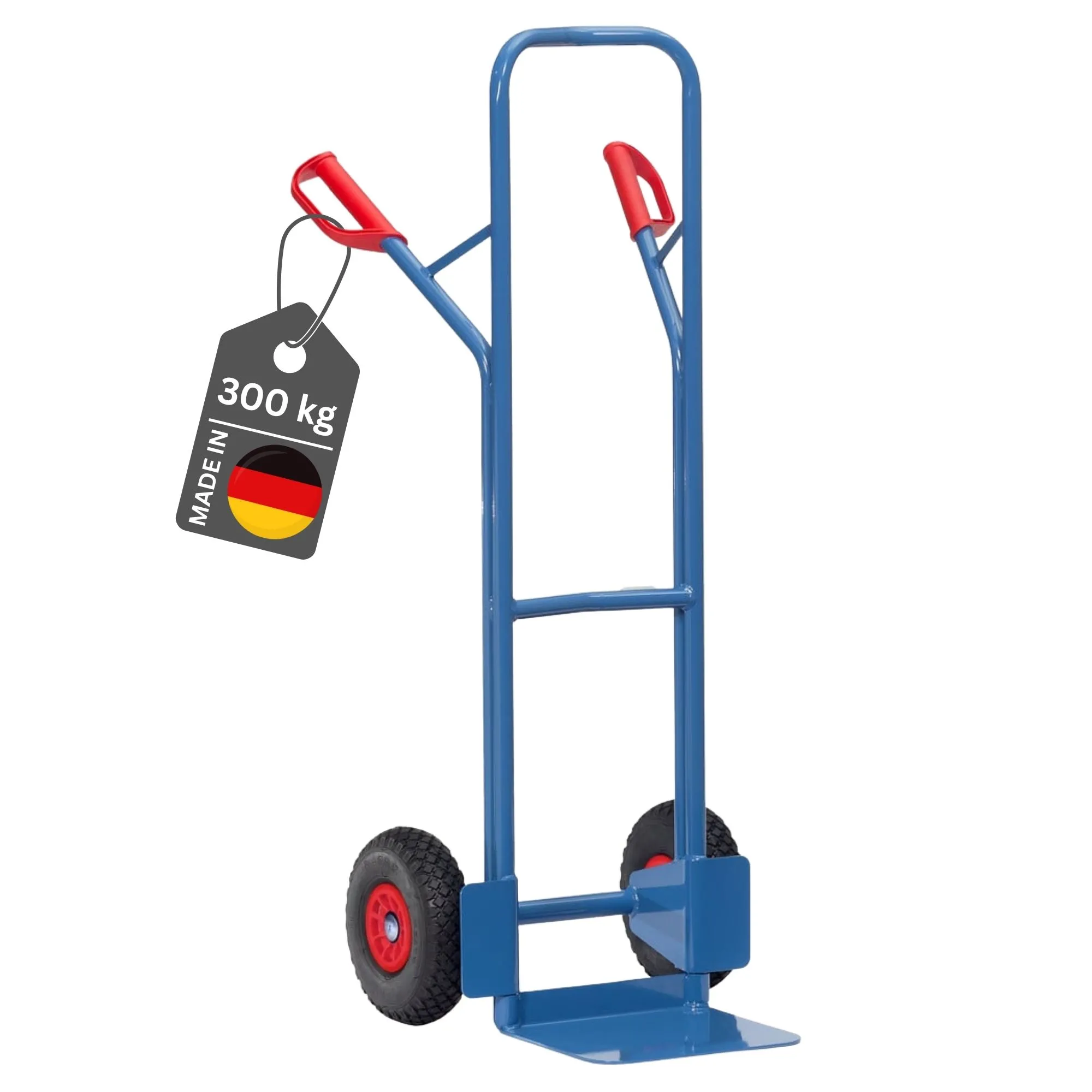 Fetra Hohe Stahlrohr-Sackkarre mit Standardschaufel, gebogenen Streben & pannensichere PU-Bereifung | Traglast 300kg | Made in Germany | Blau