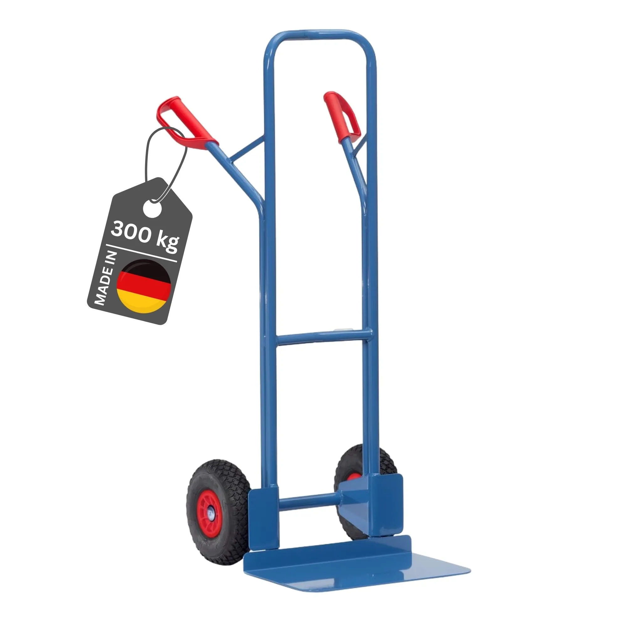 Fetra Hohe Stahlrohr-Sackkarre mit extra großer Schaufel, gebogenen Streben & pannensichere PU-Bereifung | Traglast 300kg | Made in Germany | Blau