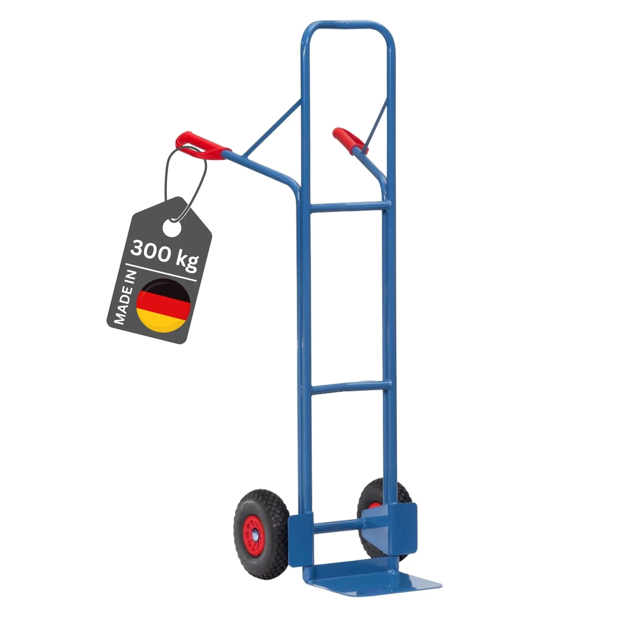 Fetra Extra hohe Stahlrohr-Sackkarre mit Standardschaufel, gebogenen Streben & pannensichere PU-Bereifung | Traglast 300kg | Made in Germany | Blau