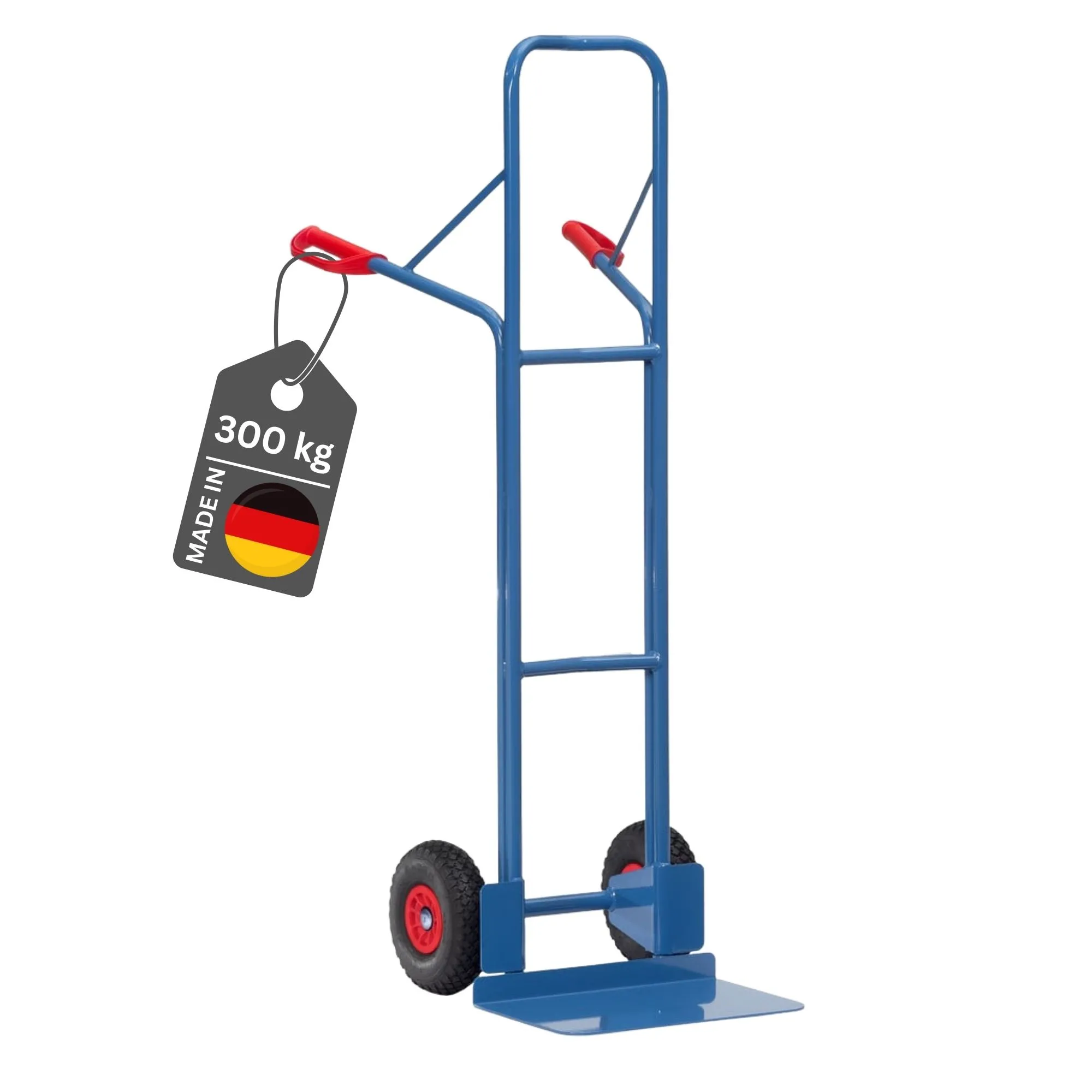 Fetra Extra hohe Stahlrohr-Sackkarre mit extra großer Schaufel, gebogenen Streben & pannensichere PU-Bereifung | Traglast 300kg | Made in Germany | Blau